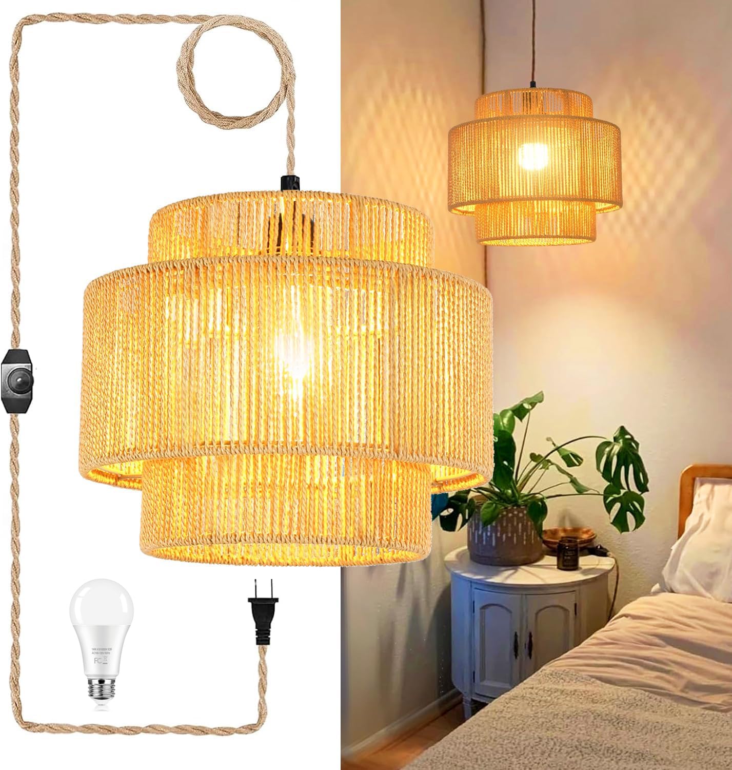 QIYIZM Pendant Light Boho Dimmable Rattan Wicker Shade 10in Brown Polyimide Model 1