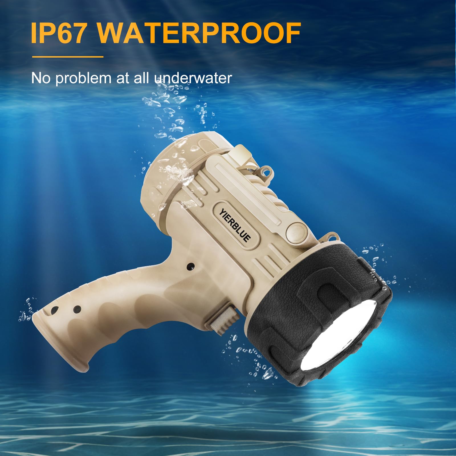 YIERBLUE Rechargeable Spotlight Flashlight 1000000 Lumen, IP67 Waterproof, Impact Resistant, Model YBN-20000P, Pearl Color