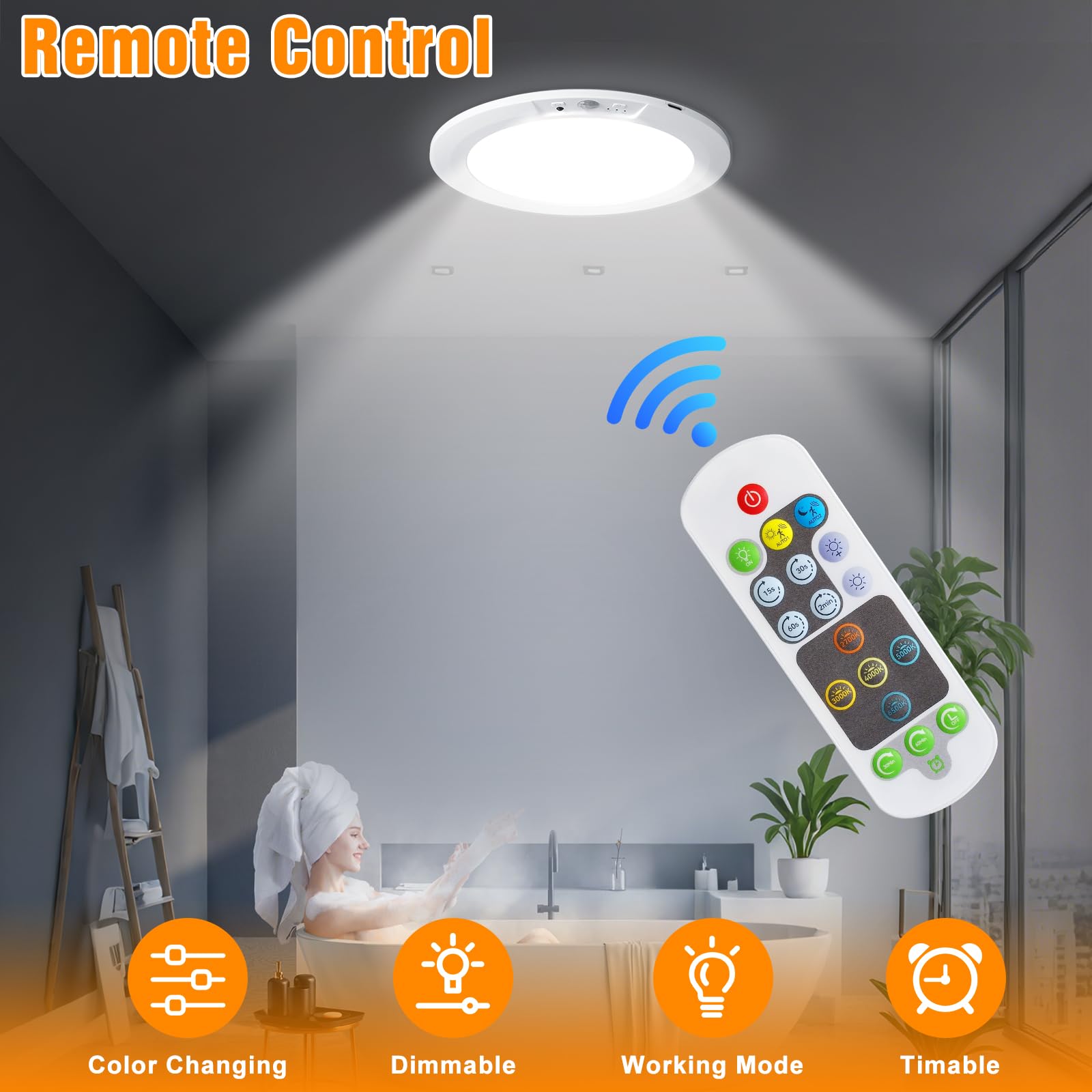 Ktpugorn Rechargeable Motion Sensor Ceiling Light, 2 Pack, Acrylic, 3 Color Temperature, Battery Operated with Remote for Closet, Bathroom, Hallway