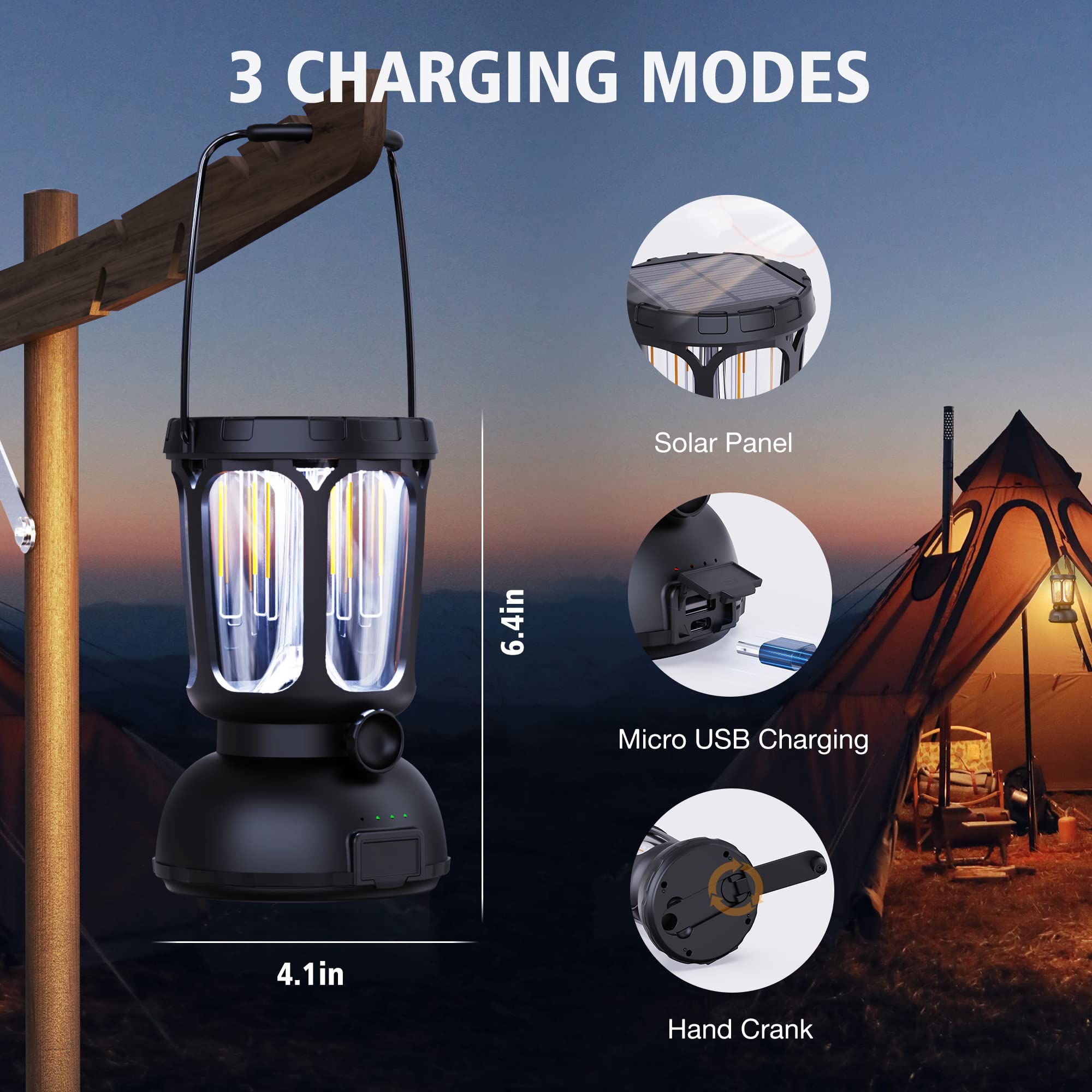 Raynic 6000 LED Camping Lantern - 650LM Rechargeable, Hand Crank, Solar, Black, Portable for Emergencies and Outdoors
