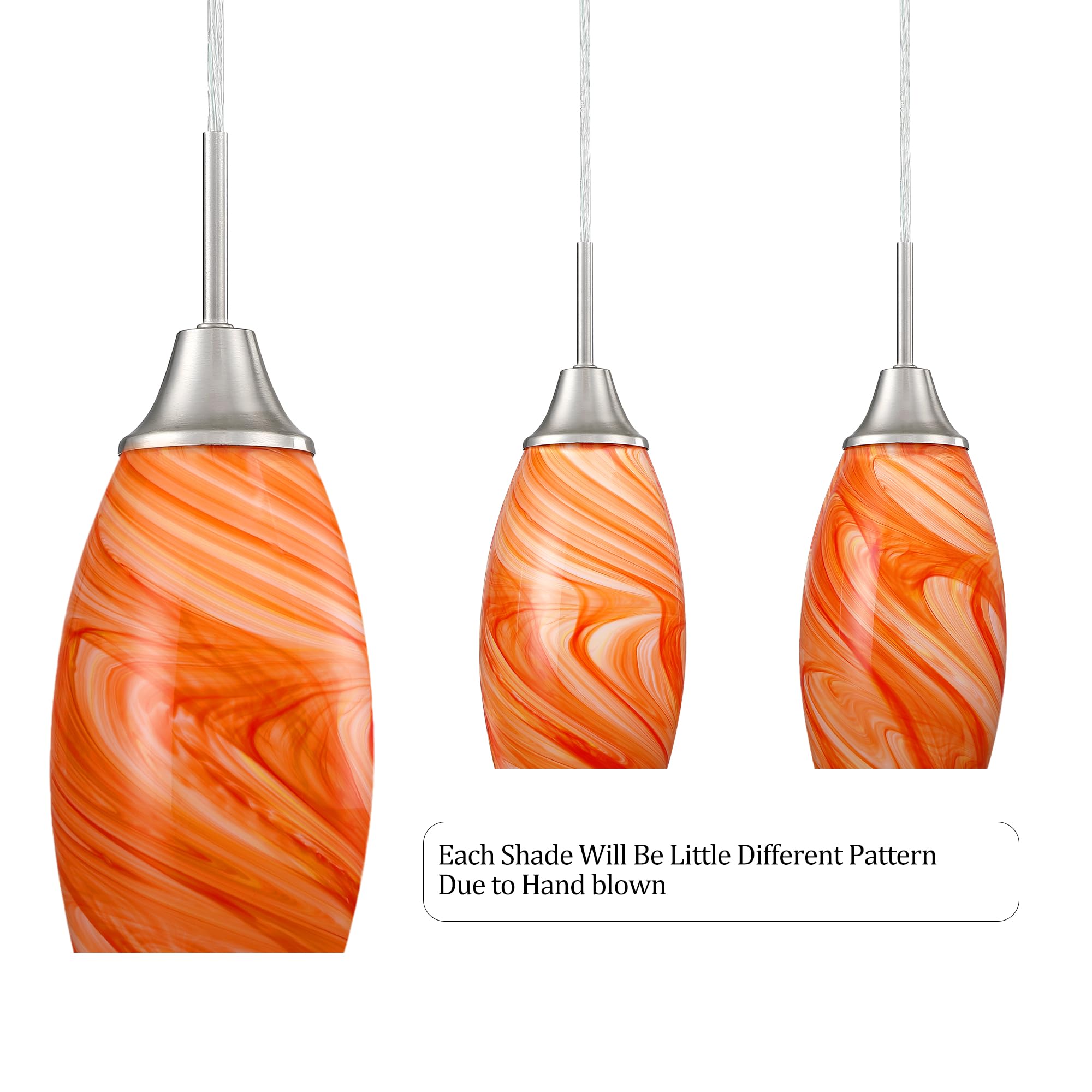 Viinew Mini Glass Pendant Light 3-Pack With Handblown Orange Marble Art Oval Glass Lamp Ceiling Hanging Light, For Dining Room,K