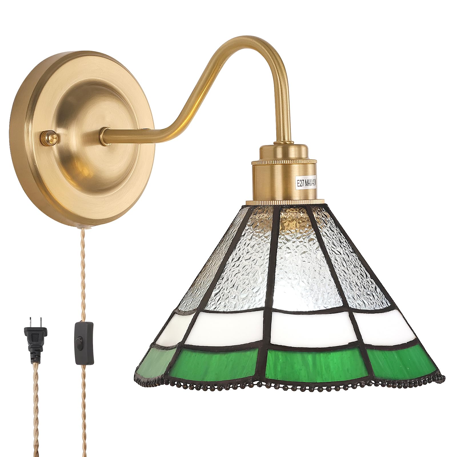 Shenmoyl Vintage Wall Sconce, Stained Glass Shade, 1 Light Plug in, Green Multilayer Petal, Model 1-94142-wlamp