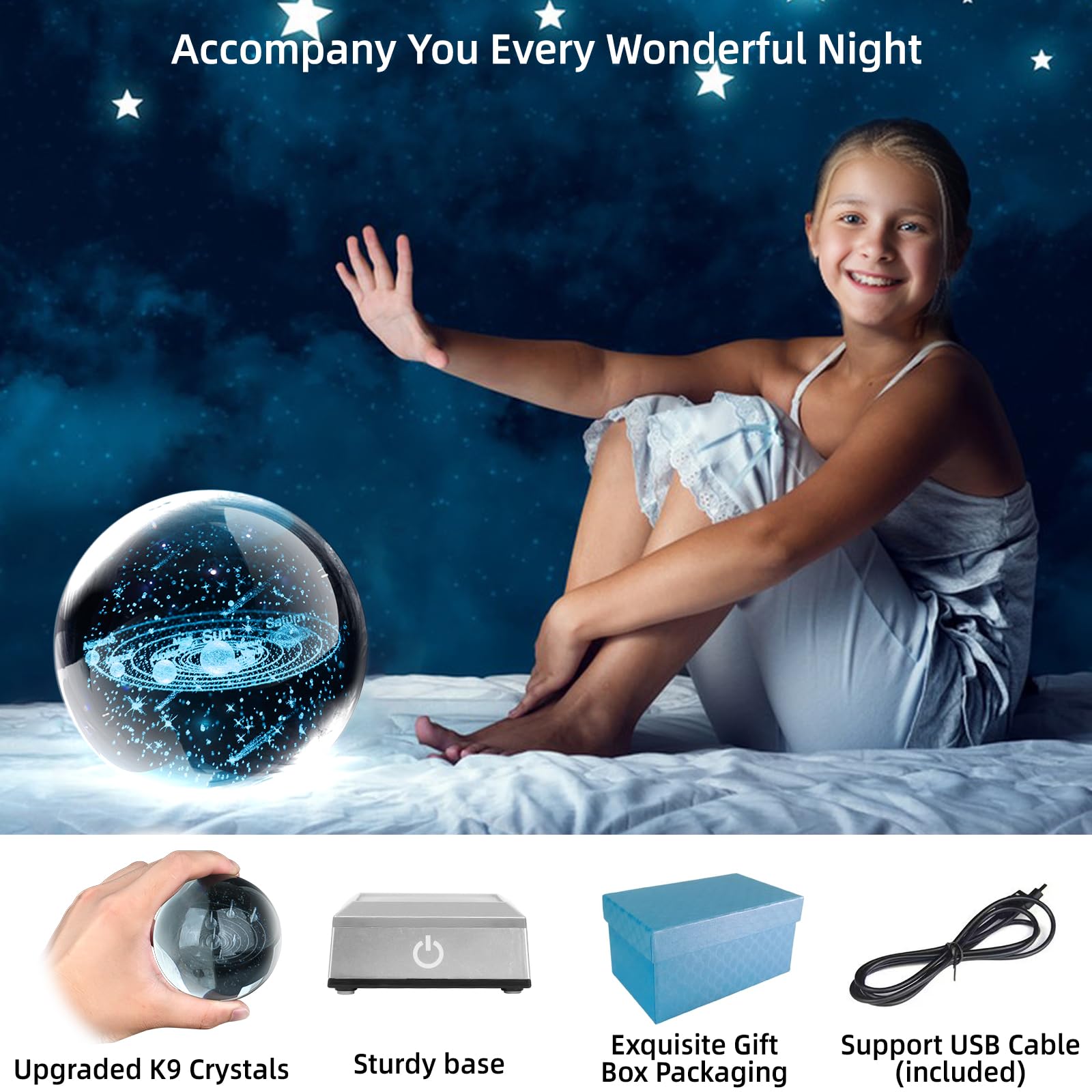 3D Solar System Crystal Ball Night Light 3.15 Inch Glass Ball Table Lamp With Color Changing Touch Base Decor Ideal Space Astron