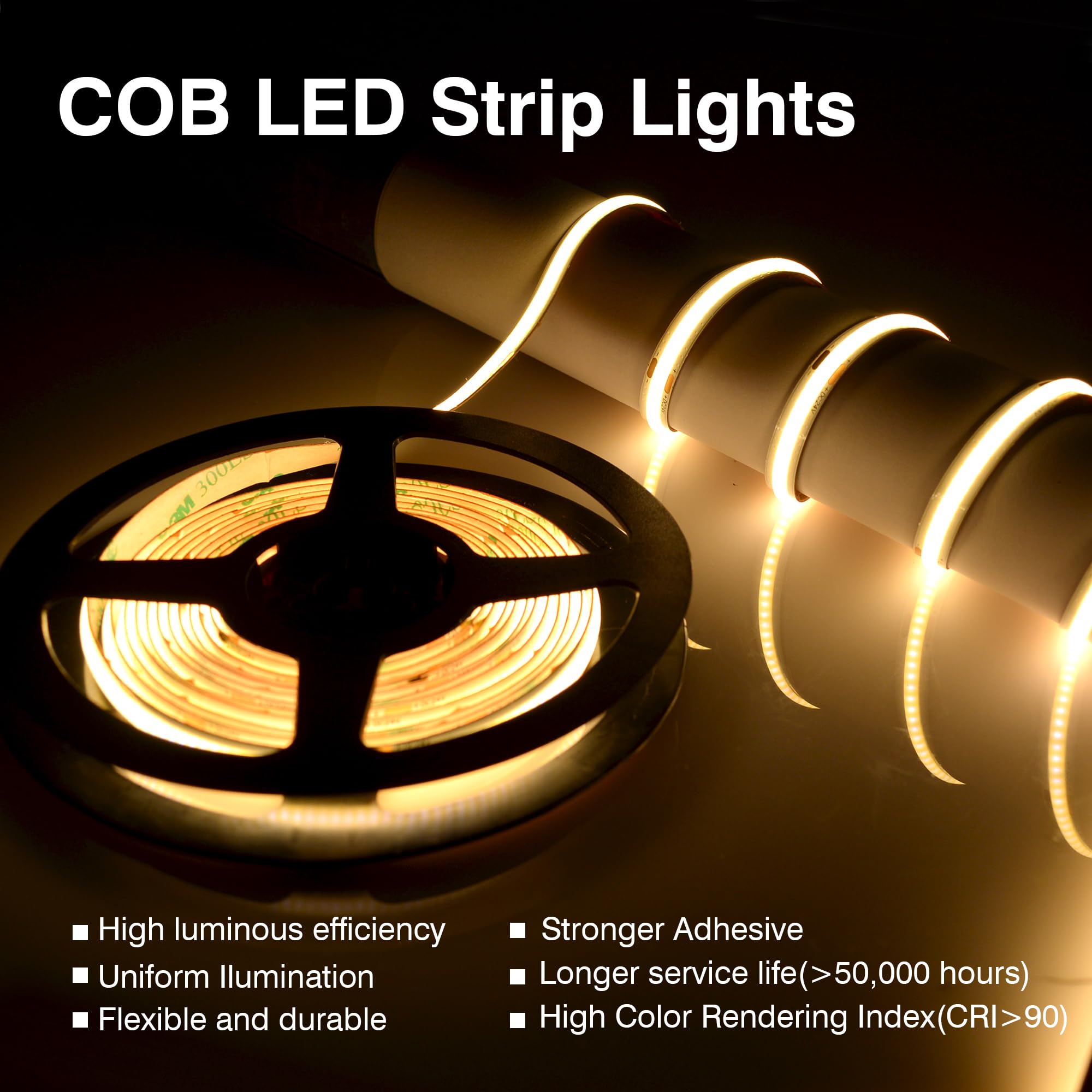 Pandery COB LED Strip Lights, 24V Dimmable, 65FT, Warm White 3000K, Flexible, Cuttable, Model P20M-320KIT-3000K