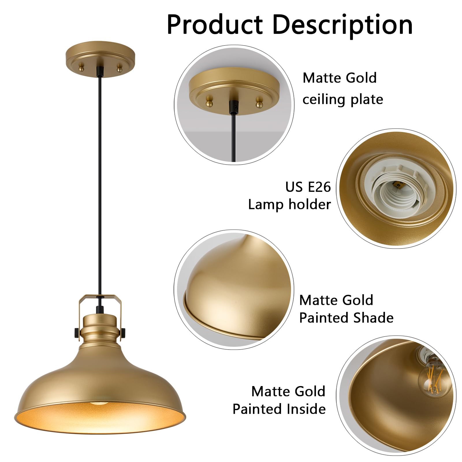Alaislyc Gold Farmhouse Pendant Lights Matte Pendant Lighting For Kitchen Island Industrial Adjustable Height Vintage Dome Hangi