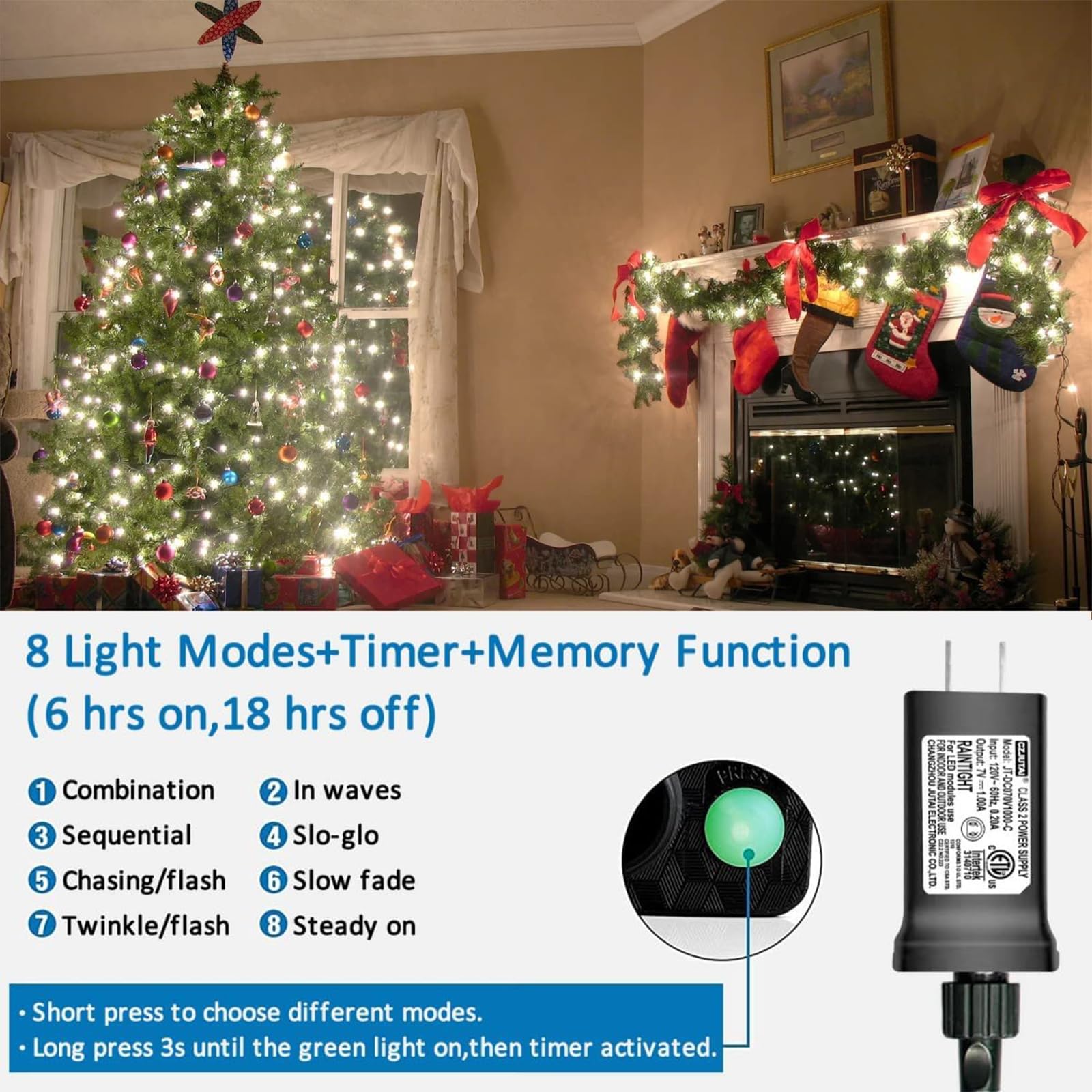 YEGUO 500 LED Christmas Lights Outdoor Waterproof, 165ft Green Wire, White, Model JT-EL/FC300V0200-C