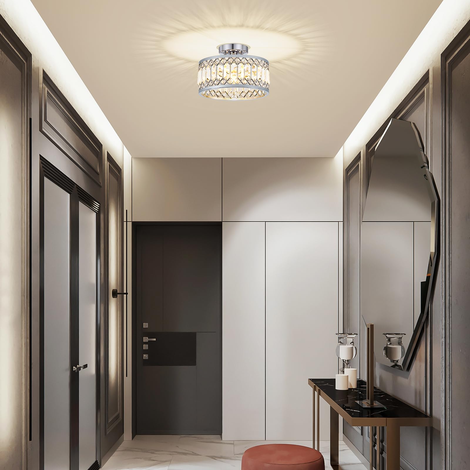 Pevfah Crystal Chrome Ceiling Light, Modern 1-Light Fixture, 11.4 Inch, Semi Flush Mount for Hallway, Kitchen, Bedroom, Model SJ250521002