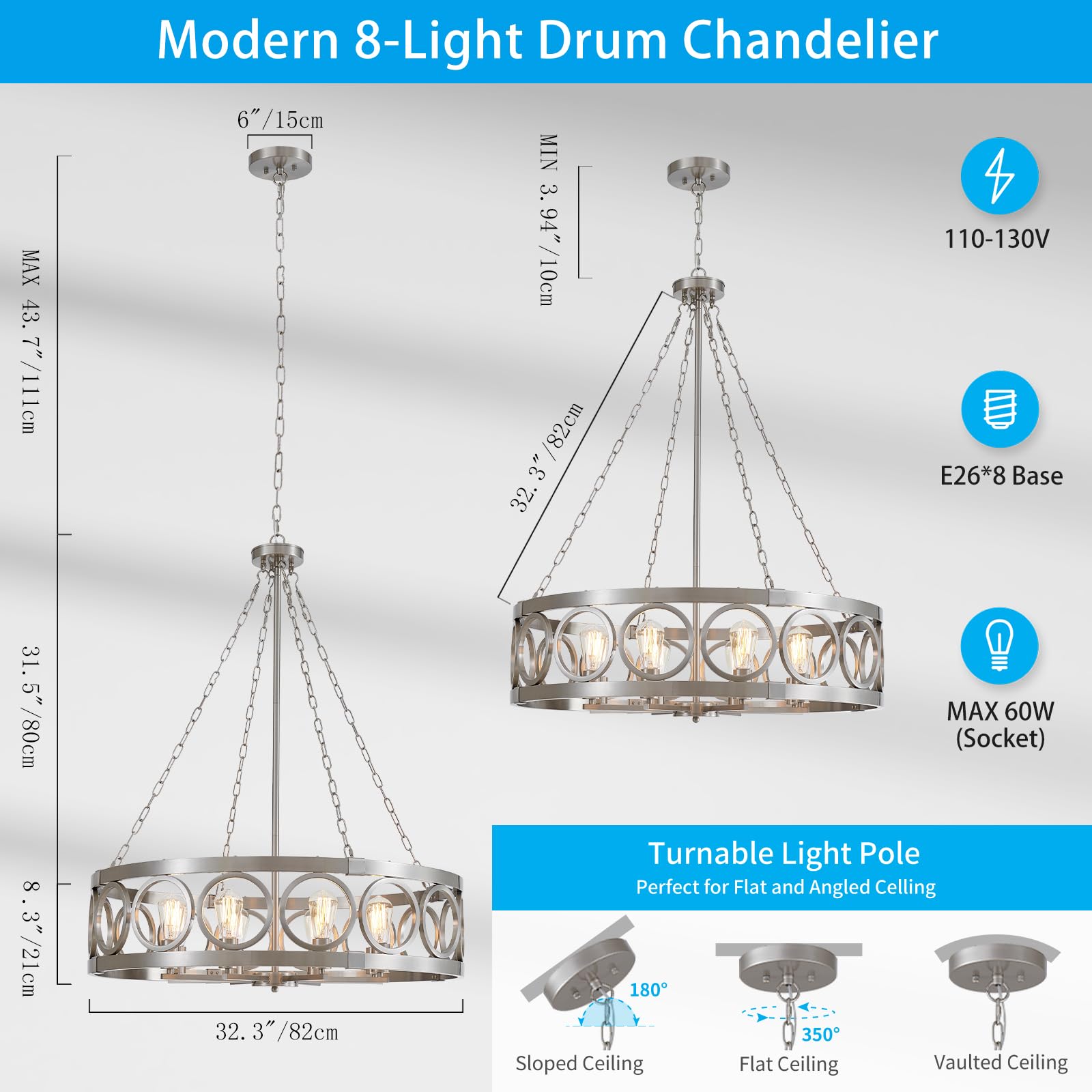 XINGQI 32.3" Large Brushed Nickel Drum Chandelier, 8-Light Modern Pendant Lighting for Dining Room, Living Room, Kitchen Island