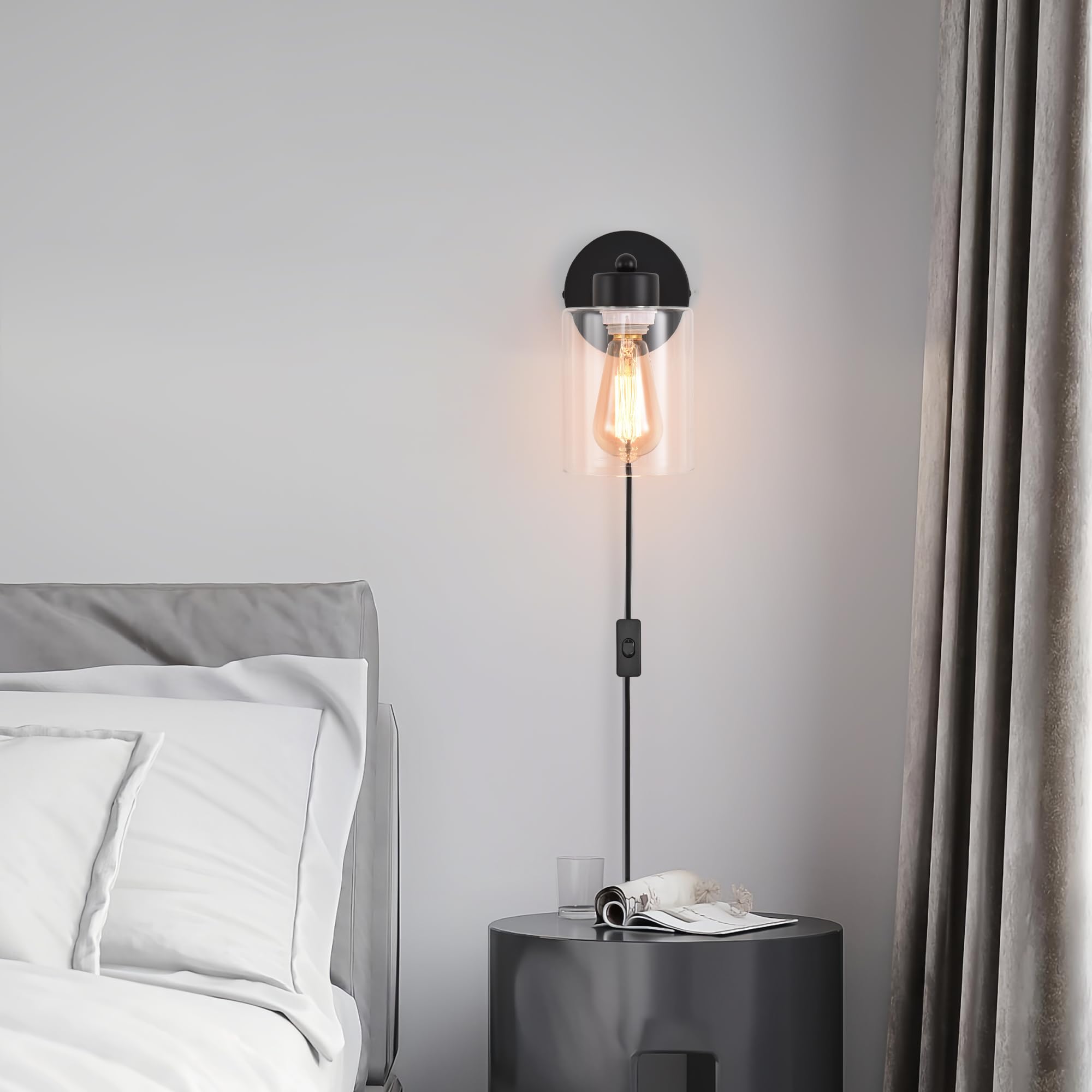 KENMI Metal Wall Sconces, 2 Pack Matte Black Bathroom Lighting, Clear Glass Shade, Model W12W