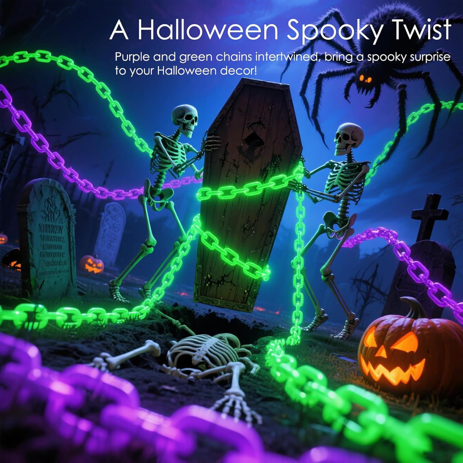 Ohwewant Solar Halloween Decorations Outdoor  10Ft Purple Chain Lights  Waterproof Solar Halloween Lights For Outdoor Haunted House Party Skeleton Dog Cosplay Props Yard