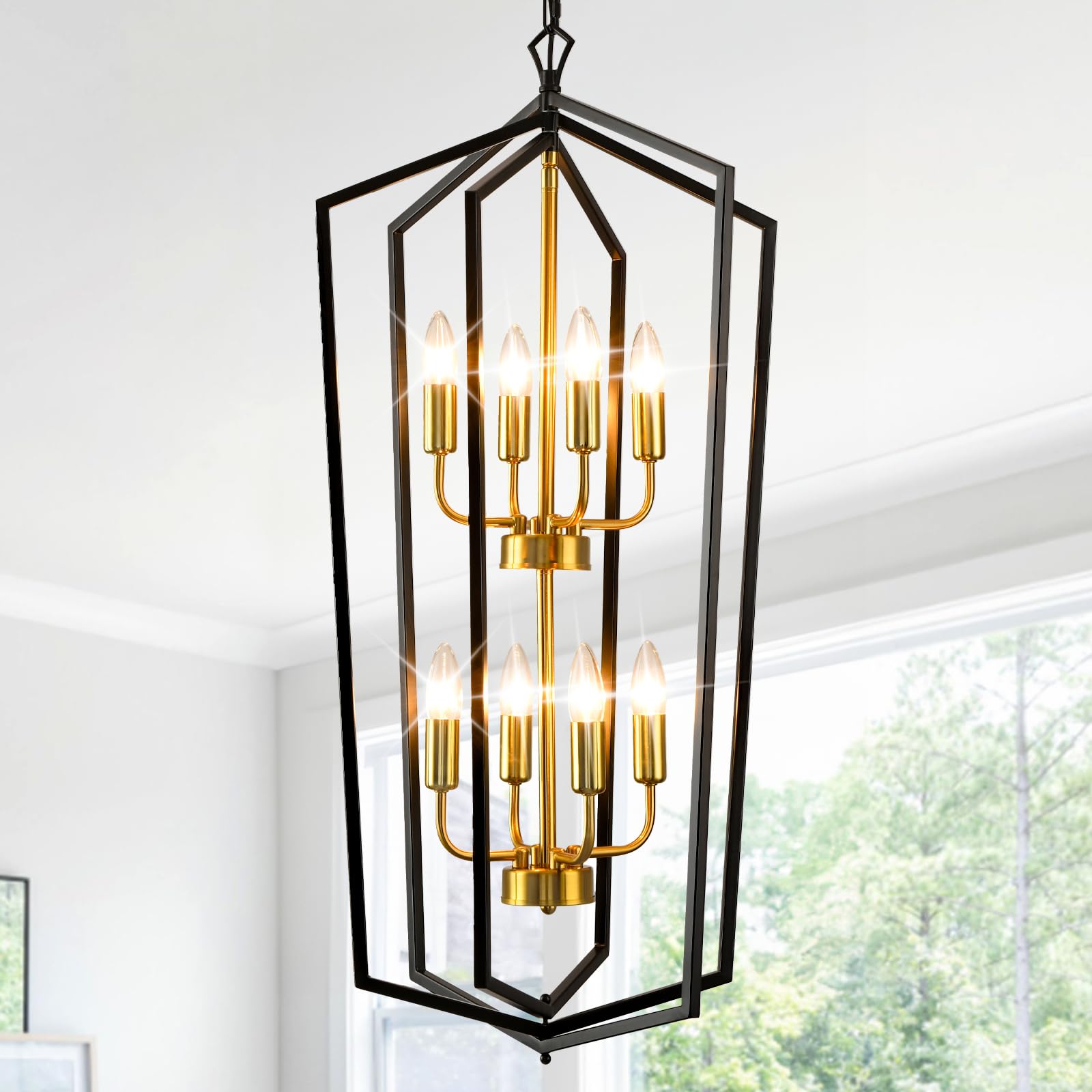 Farmhouse Chandelier Entryway High Ceiling: 8-Light Lantern Tiered Pendant Light Fixtures,Large Long Chandeliers for High Ceilin