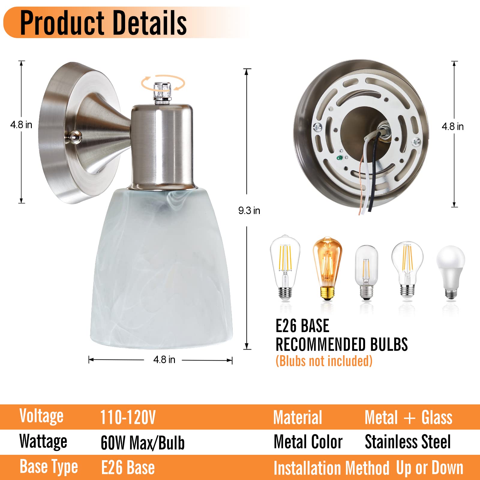 Wall Sconces Set Of 2, Brushed Nickel Vanity Lights For Bathroom, Modern Wall Light Fixtures With Rotary Switch, Wall Mount Ligh