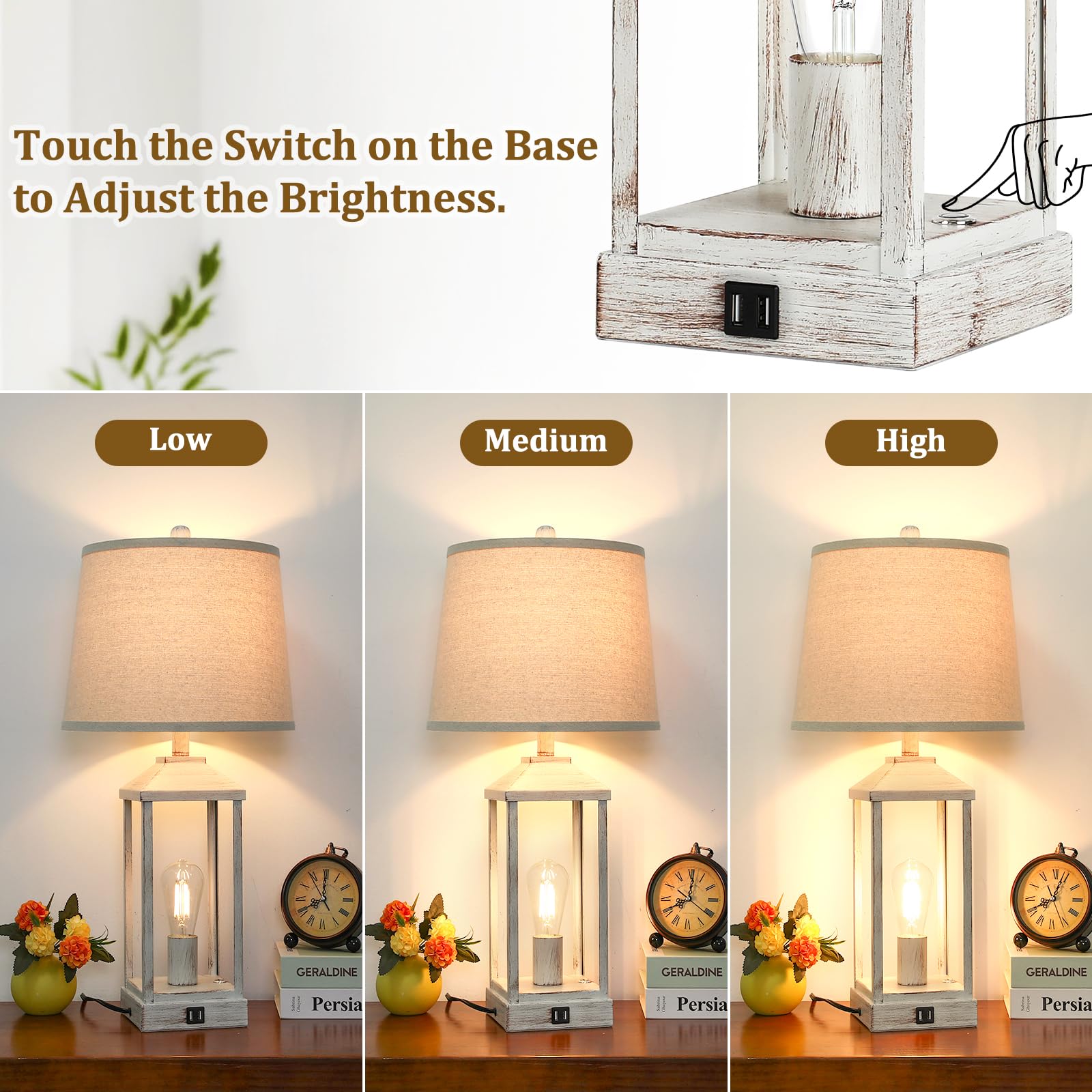 Brightever 28" 3-Way Dimmable Touch Control Bedside Table Lamp, White Rustic Farmhouse with USB Ports, 2 Bulbs Included