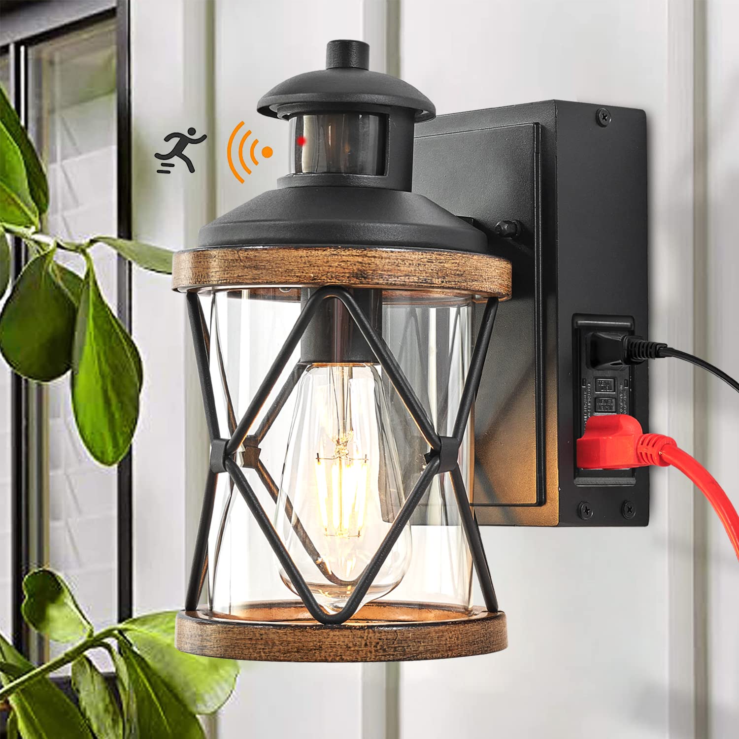 Ejerlya Dusk To Dawn Motion Sensor Outdoor Porch Light With Gfci Outlet,Anti-Rust Waterproof Industrial Outdoor Lantern,Ul Etl Listed,Exterior Work Lights Rustic Wall Light
