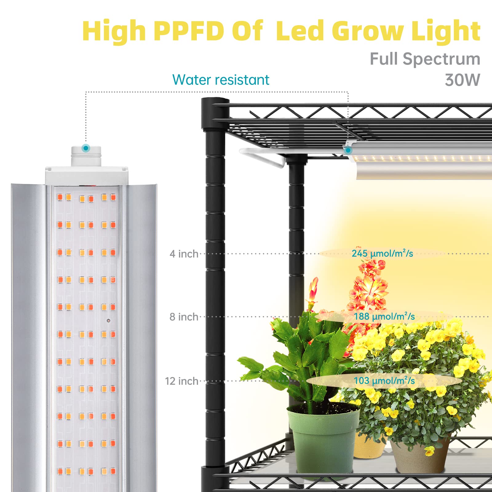 Bstrip 6-Tier Plant Shelf with Grow Light, Alloy Steel Greenhouse, 29.5"L×13.8"W×70"H, Warm Yellow & Pink