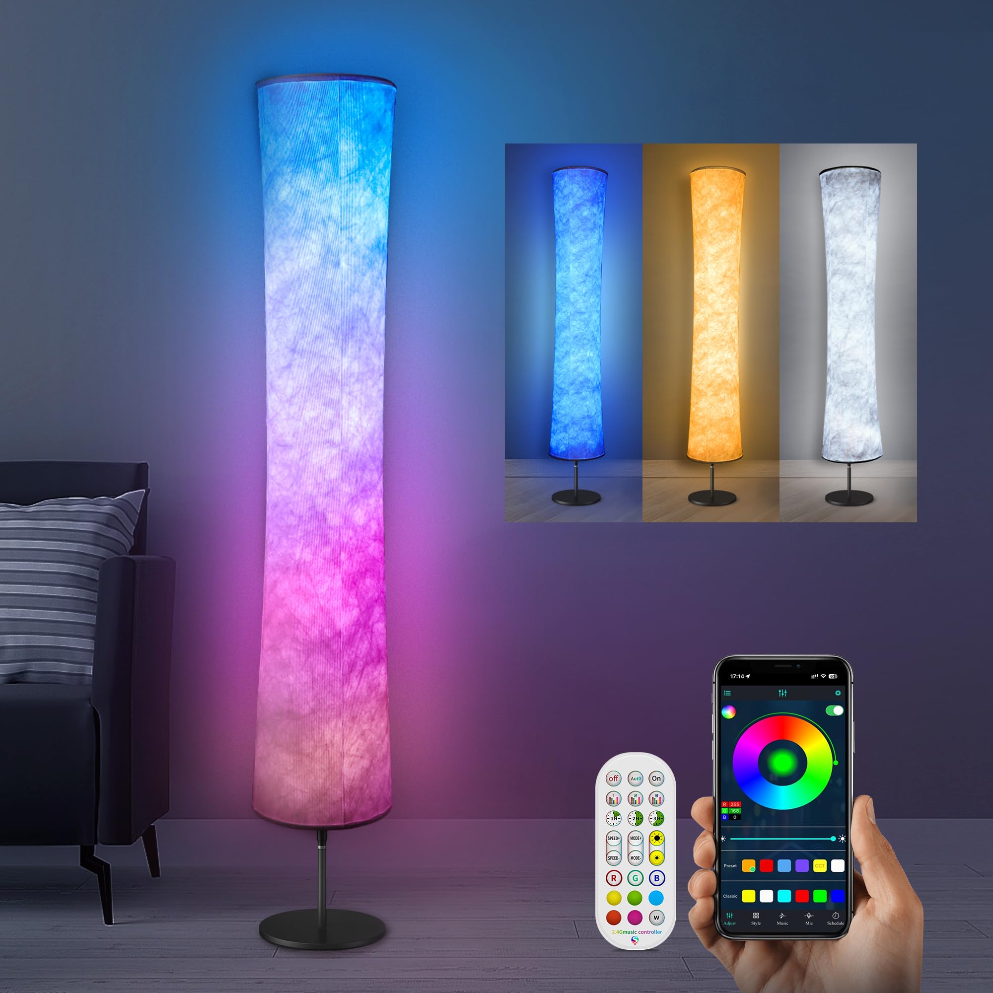 Torchlet RGB Color Changing Floor Lamp, Smart Lamp with DIY Mode, Fabric Shade, Round Design for Living Room and Bedroom