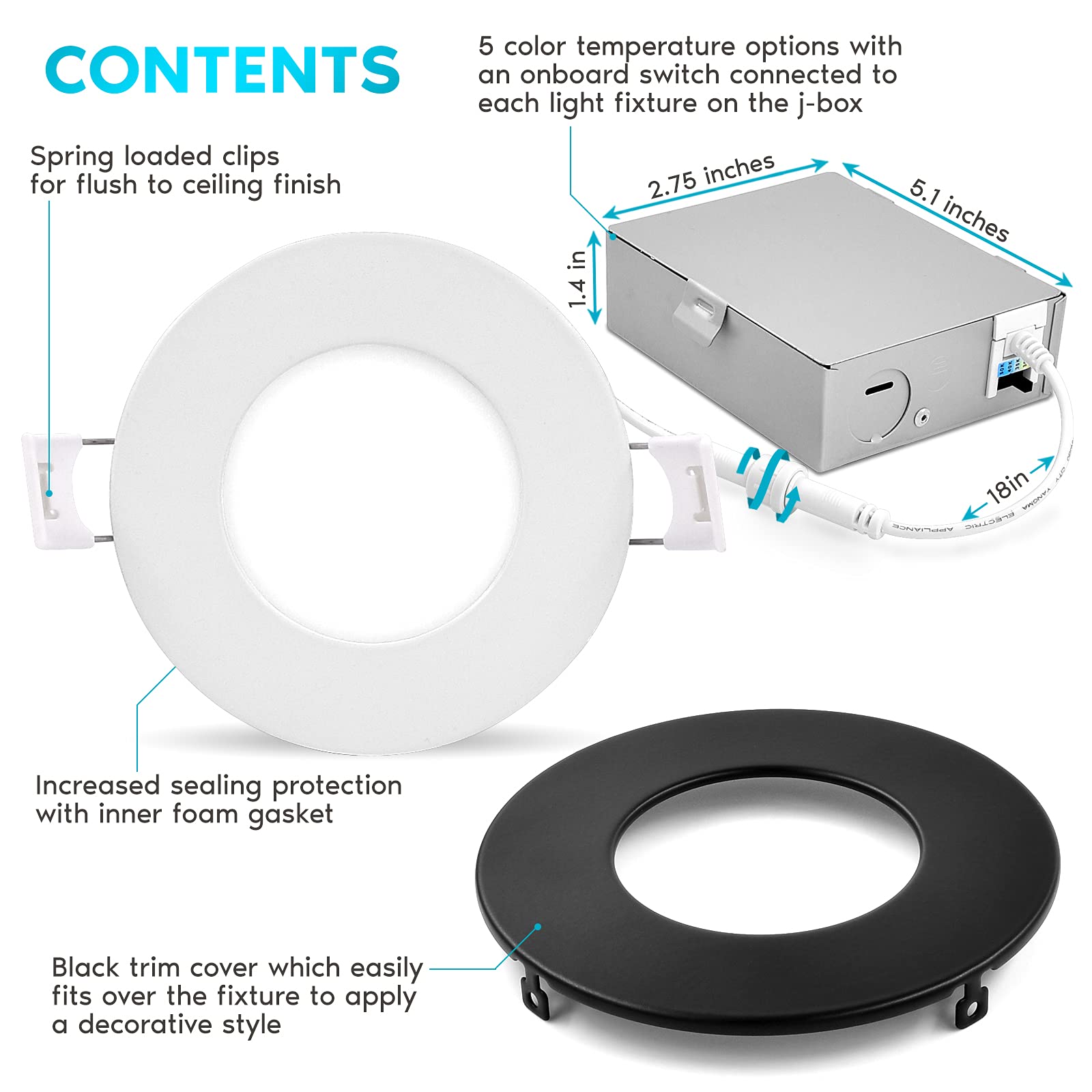 Luxrite 3 Inch Ultra Thin Led Recessed Light With Junction Box, 8W, 5 Color Options 2700K | 3000K | 3500K | 4000K | 5000K, Dimma