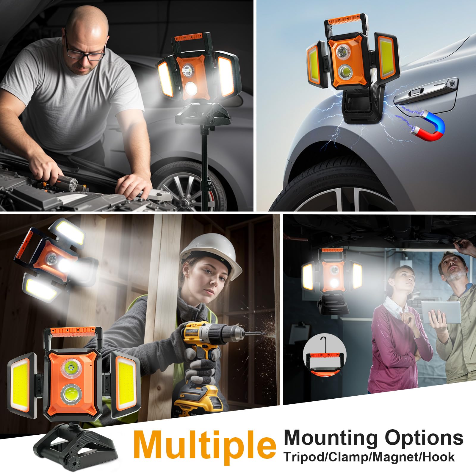 Tresda 4000Lm Led Work Light Rechargeable With Clamp, 40W Magnetic Work Light Battery Powered With 5 Light Modes, 350? Rotation,