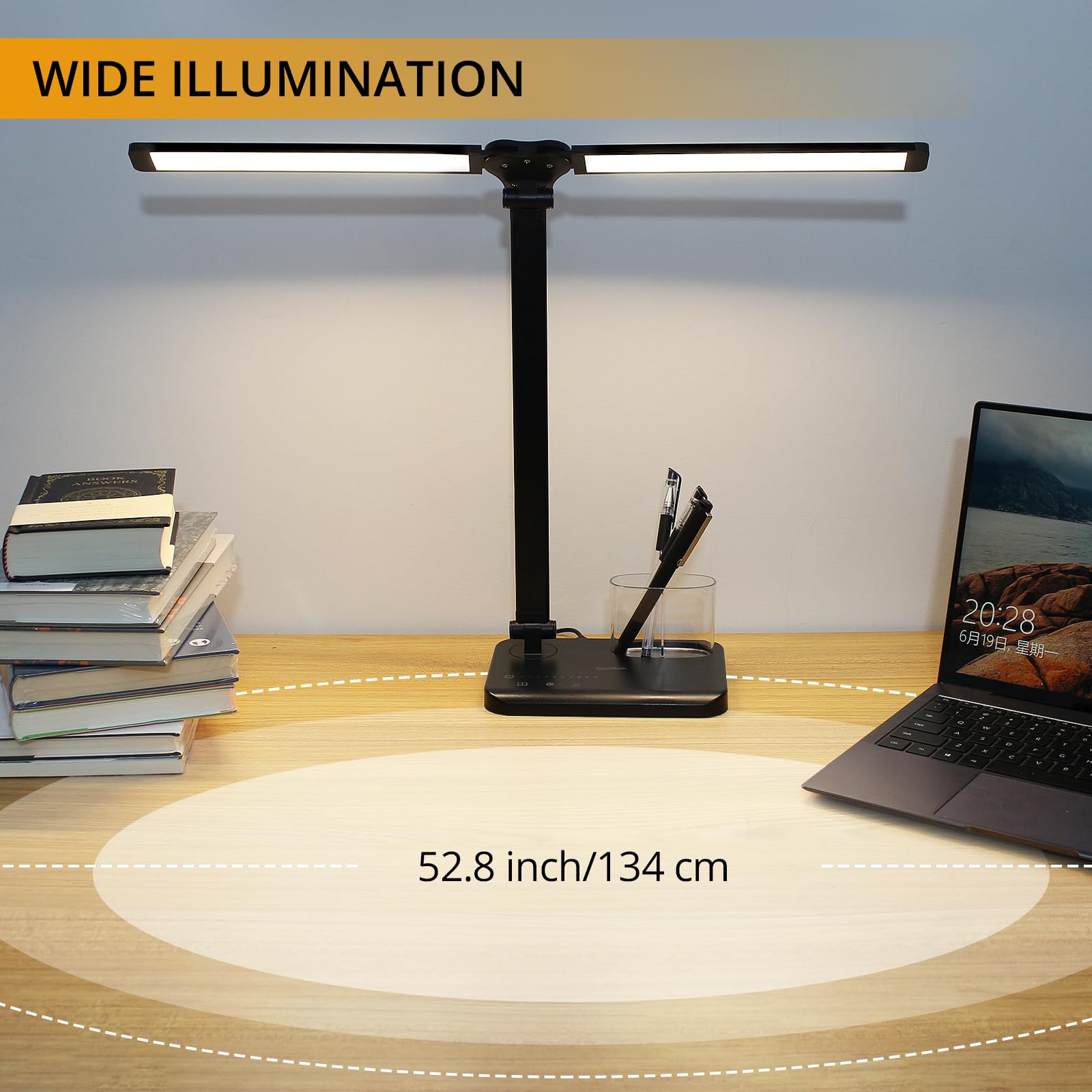Qooltek Touch Control LED Desk Lamp, Table Lamp with 5 Color Modes Dimmable Brightness for Home Office, Dual Swing Arm USB Charg