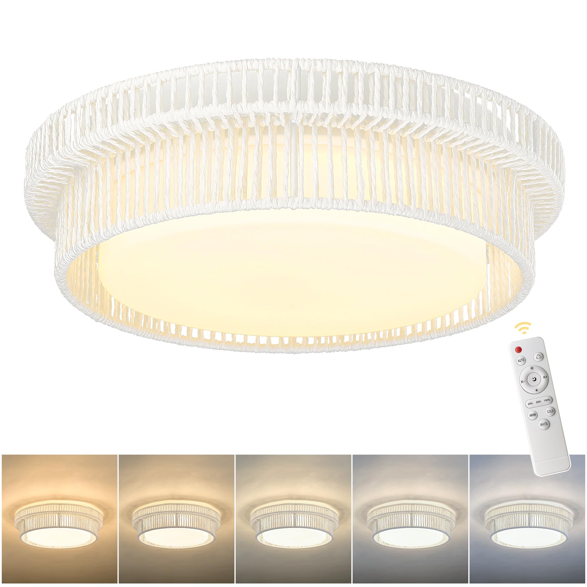 HWH Rattan Ceiling Light Fixture, 24W LED Flush Mount, Hand-Woven Twine, 16in  Size, White, Model 5HYS78MF-LED WH