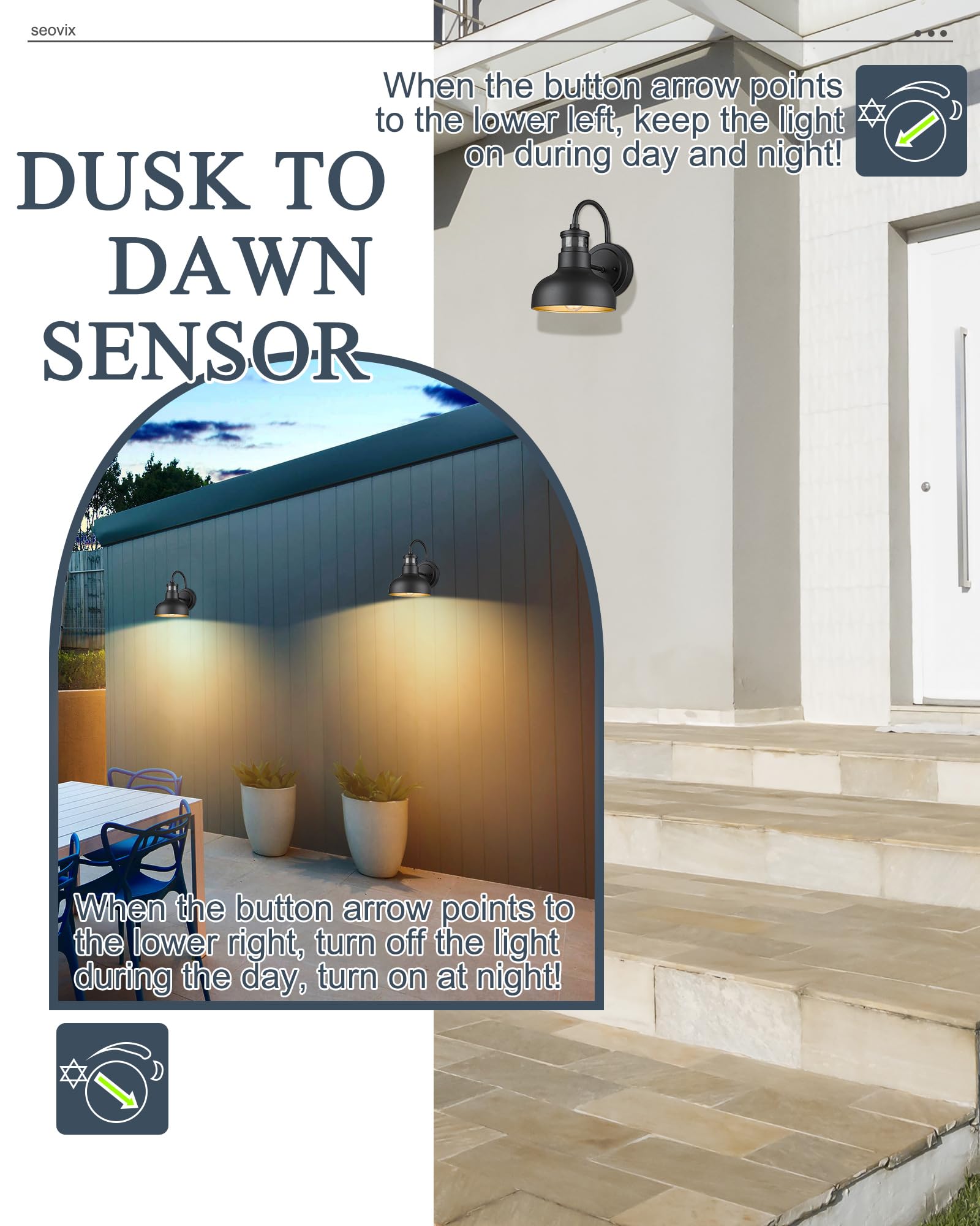 Seovix 4 Pack 9“ Motion Sensor Barn Lights, Outdoor Wall Lights With Dusk To Dawn Feature, Ip65 Waterproof Farmhouse Gooseneck Lights For House, Patio, Garage,Hsmd2215-4