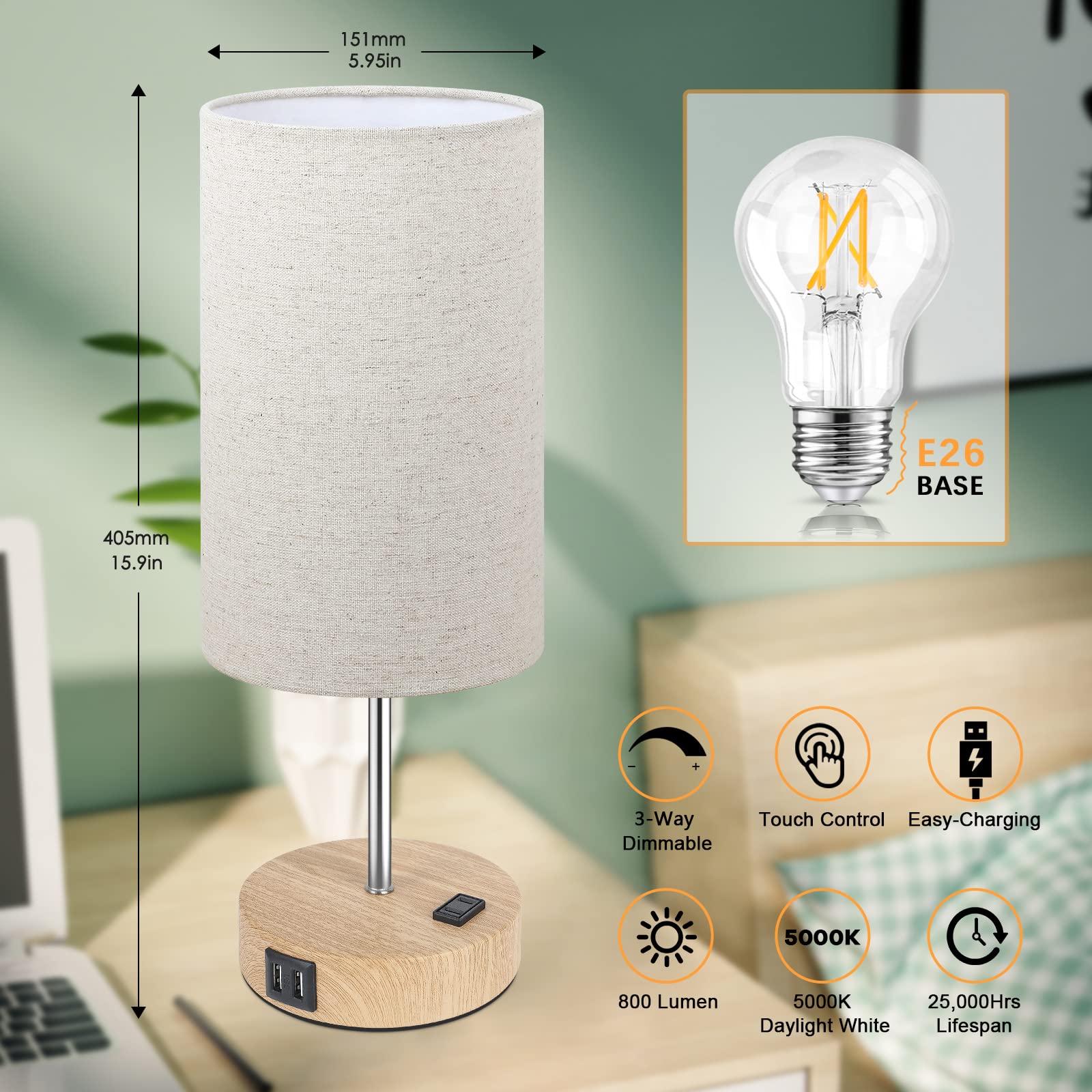 Bedside Table Lamps With 2 Usb Charging Ports & Ac Outlet, Set Of 2 Touch Control Wooden Base Nightstand 3-Way Dimmable Lamps Wi