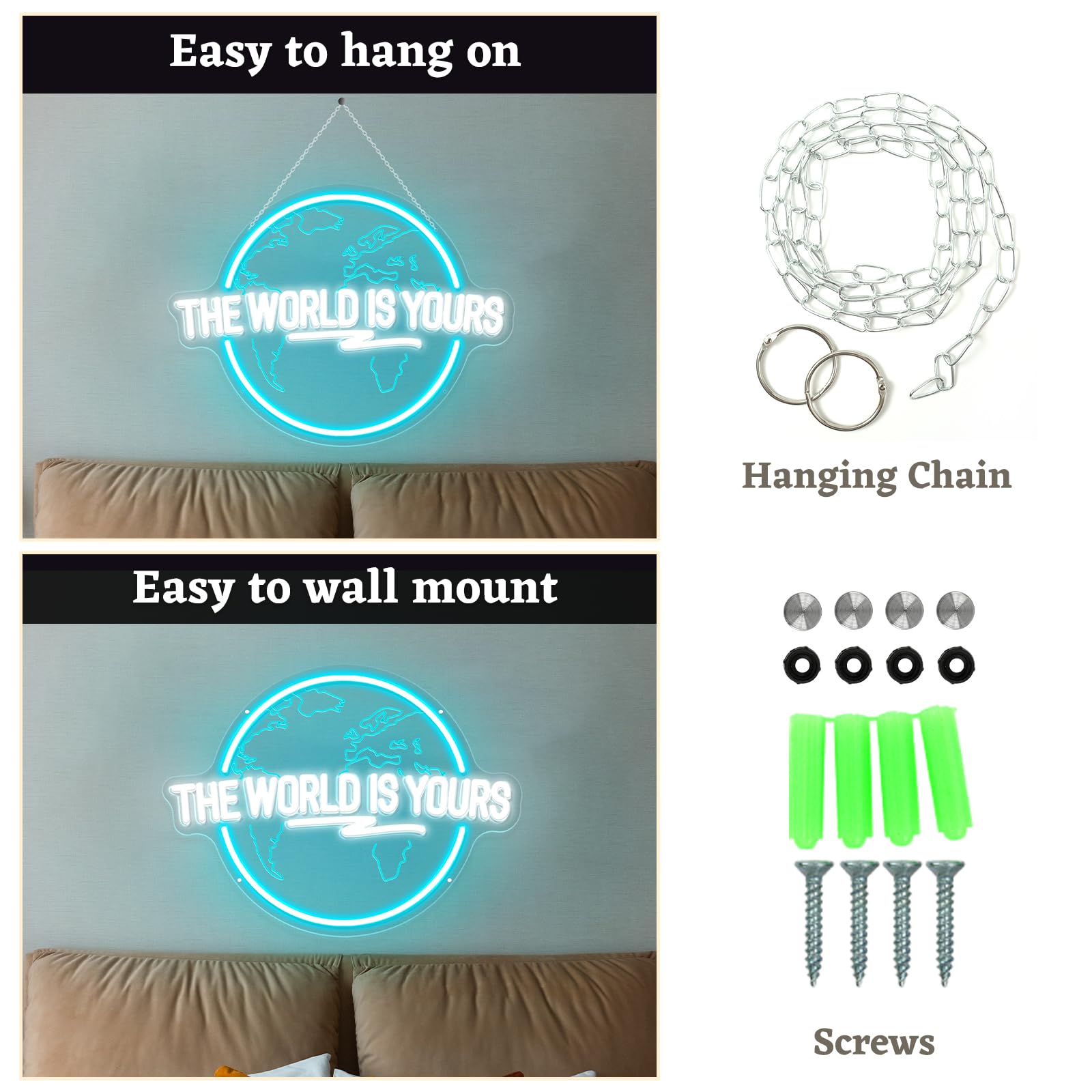 Brochao Neon Sign - The World Is Yours LED Wall Decor, Ice Blue & Cold White, 16.1" x 12.2", Acrylic, Model BRO14-TWIY01-X