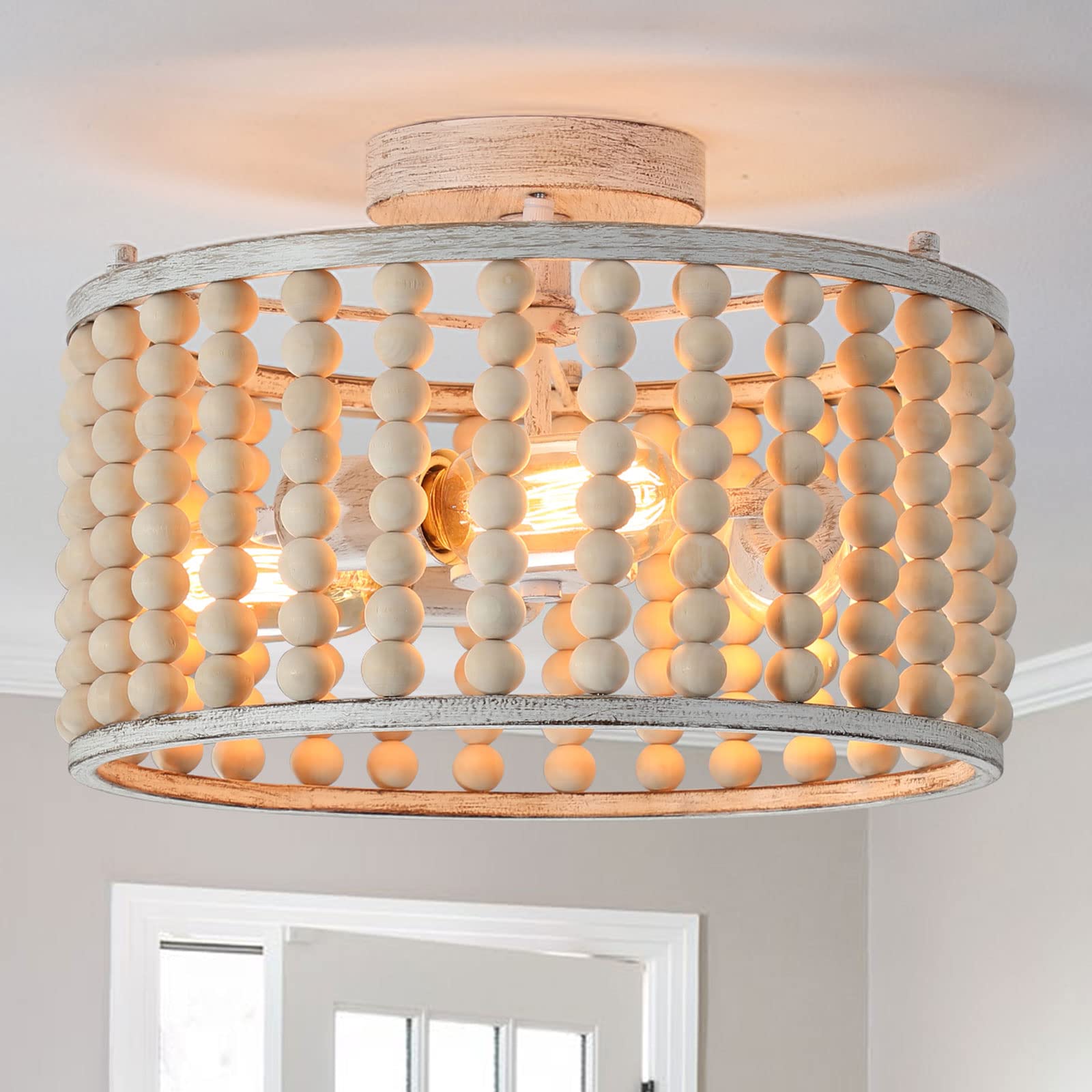 tewei Wood Beaded Chandelier Light Fixture, 3-Light Rustic Ceiling Light, Oak White, E26 Base, Model XMSMZCD-1