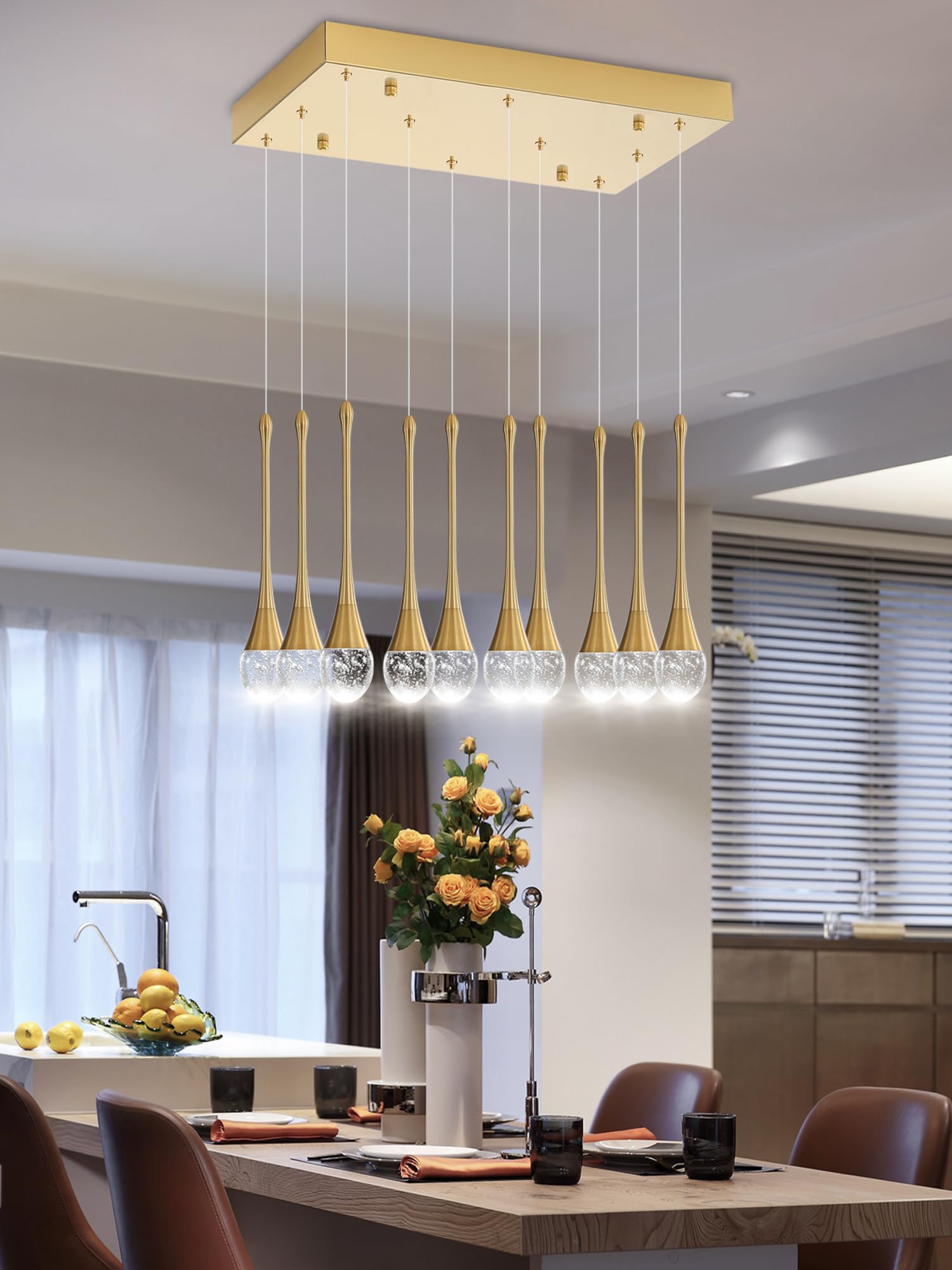 ykolupty Rectangular Chandeliers for Entryway Gold Dining Room Lights Fixture Raindrop Pendant Lights Kitchen Island Crystal Cha