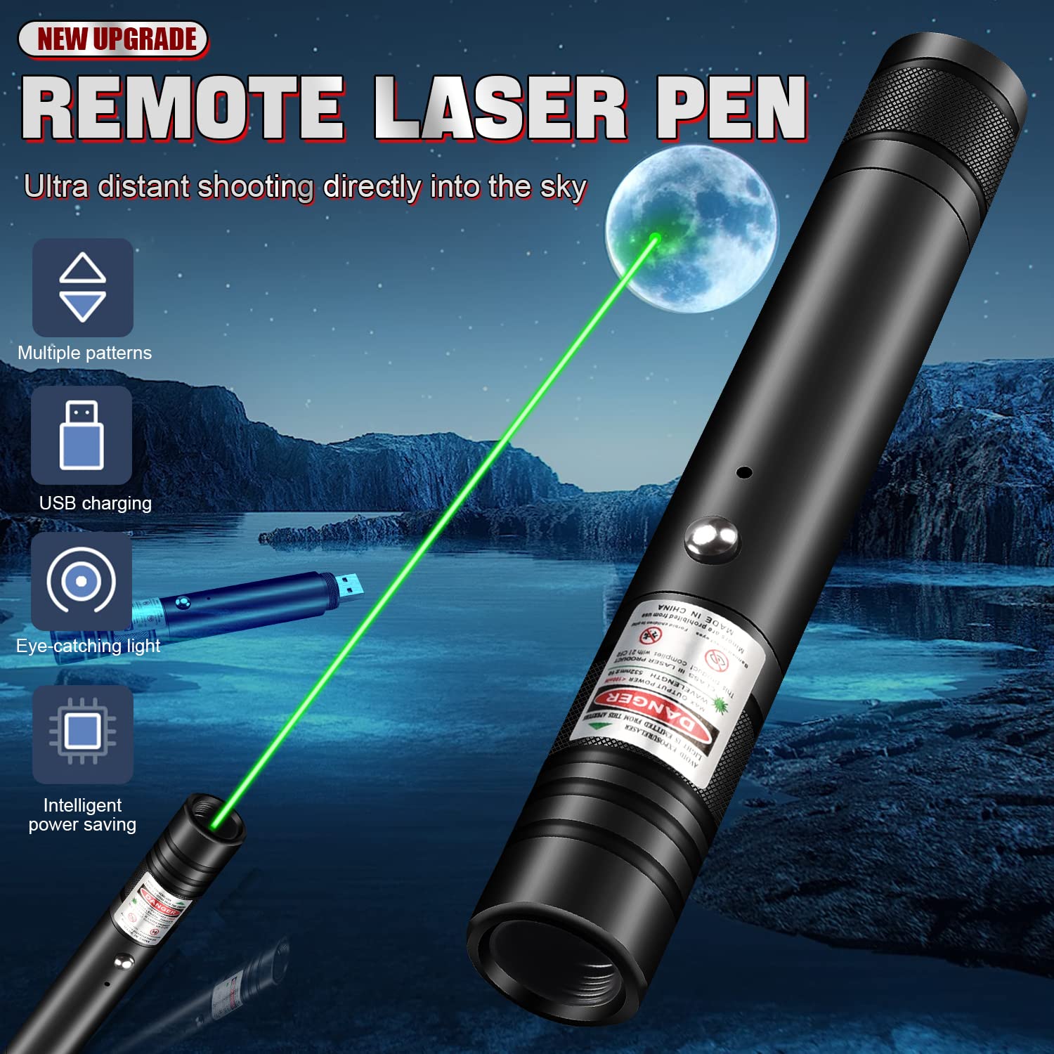 FUIIKEEM EDC Pen Light - Rechargeable LED Flashlight & Green Laser Pointer, Black, USB Port, Ideal for Presentations & Outdoor Adventures