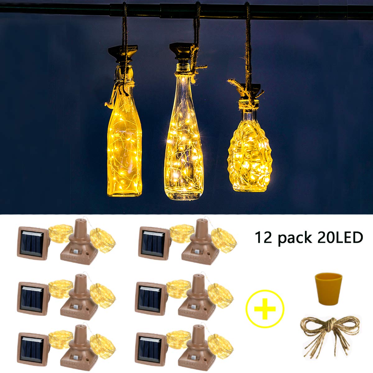 Zyliwoo Starry Love Bottle Lights Solar Wine Bottle Lights 12 Packs 20Led Outdoor Waterproof Fairy Light Strings For Recycling Wine Bottle Decoration