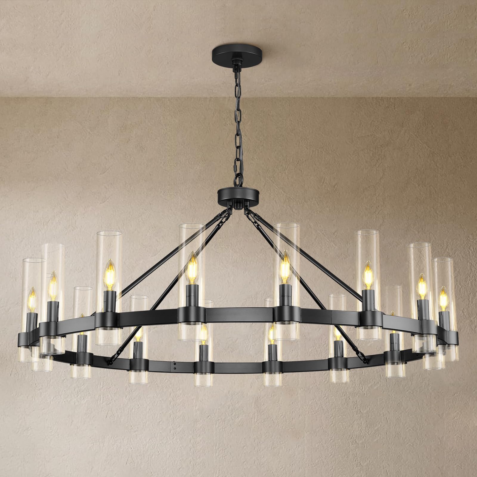 Black Wagon Wheel Chandelier, 48 Inch Chandeliers With Glass Shade, 16-Light Large Chandelier For High Ceiling, Modern Farmhouse
