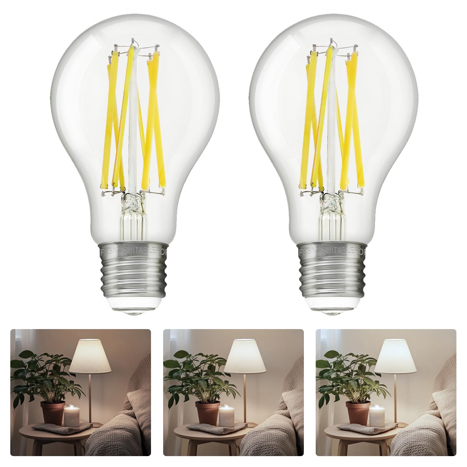 Flsnt 3 Way Led Light Bulb E26 Standard Base, 50W 100W 150W Equivalent, 3-Way Dimmable A23 Led Clear Light Bulbs, 5000K Daylight