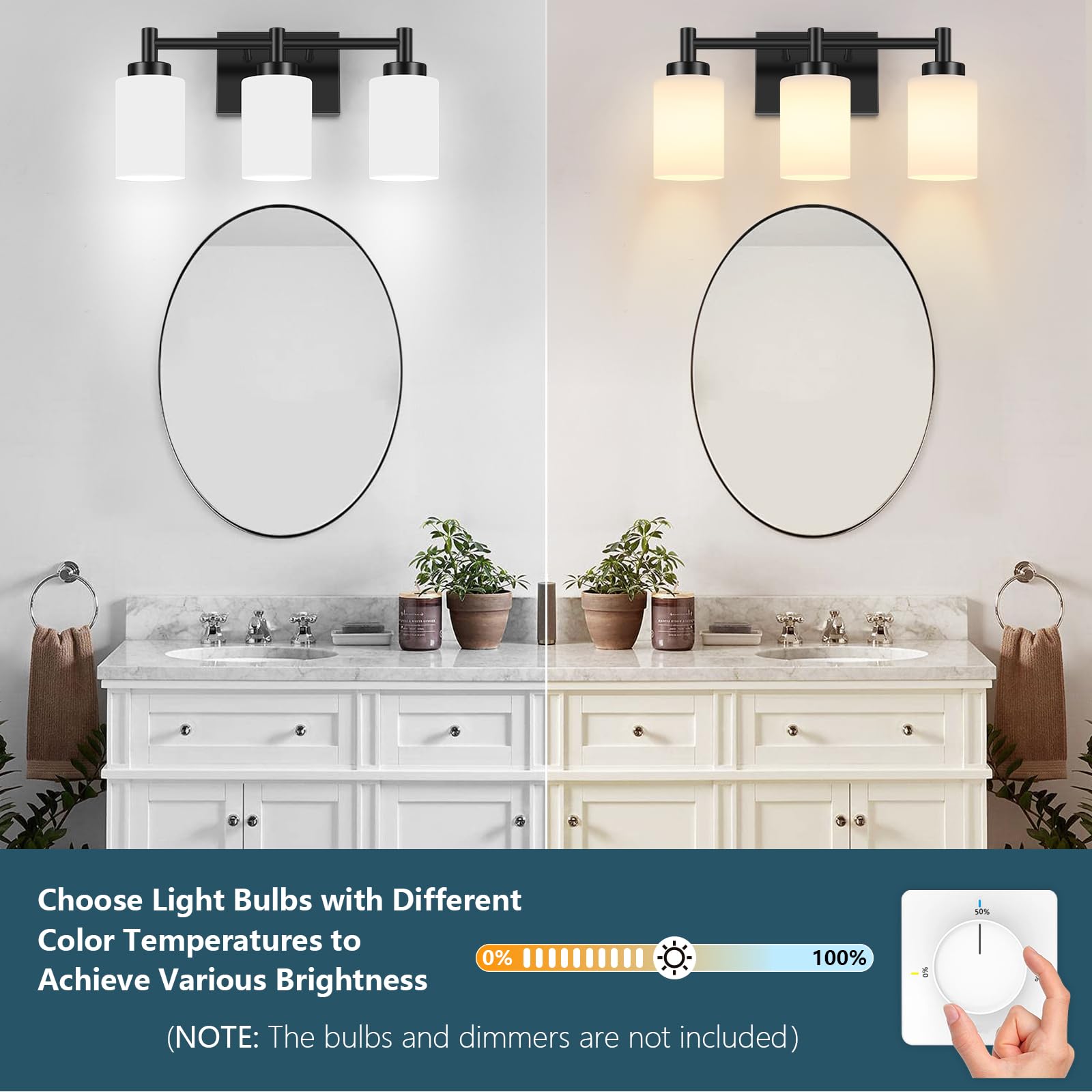 Lomoky 3-Light Vanity Light Fixture, Matte Black, Metal, Modern Design with Milky White Glass Shades
