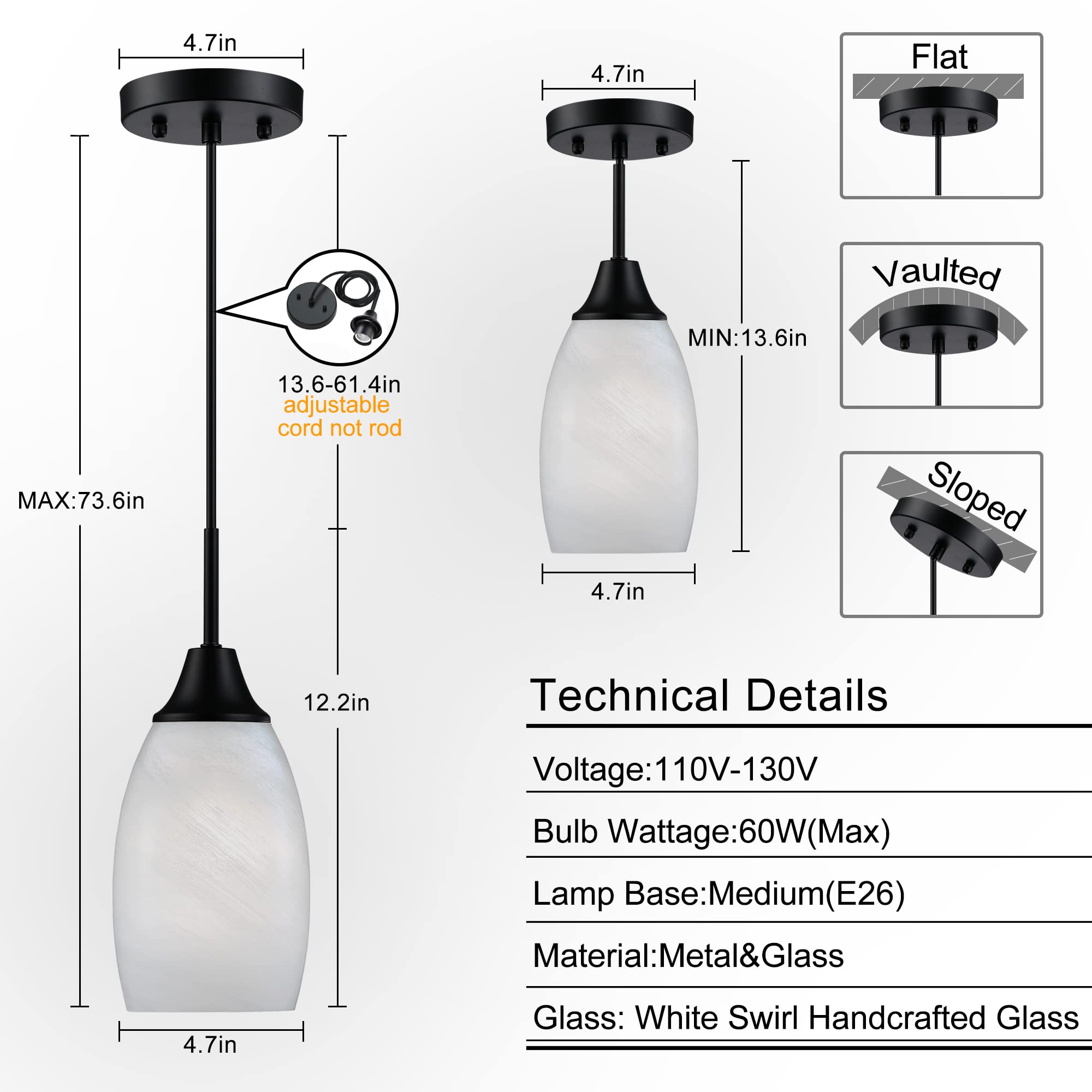 Viinew 3-Pack Mini Glass Pendant Lights, Handblown Black White Oval For Kitchen & Dining