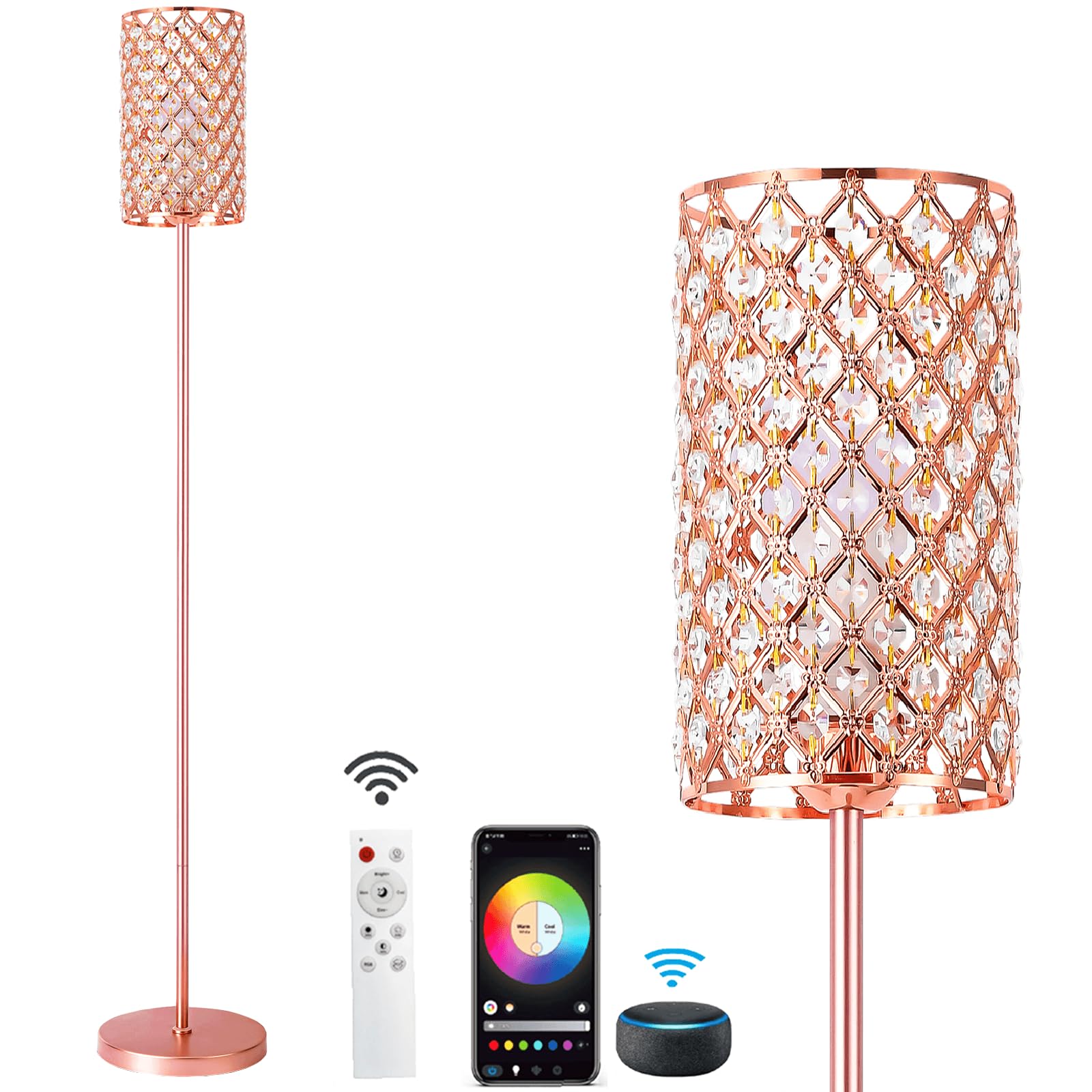 Emorlo Crystal Floor Lamp With Remote Control, Smart Rose Gold Floor Lamps For Living Room With Bulb Included, Crystal Standing 
