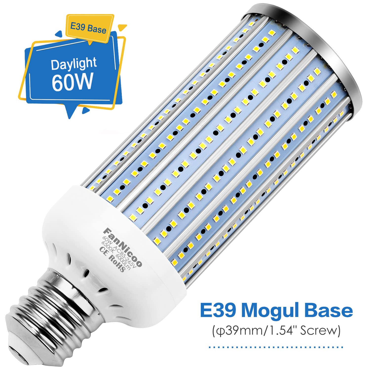 FanNicoo 500W Equivalent LED Corn Light Bulb 60W 5500 Lumen 6500K E39 Mogul Base Cool Daylight for Indoor/Outdoor Use