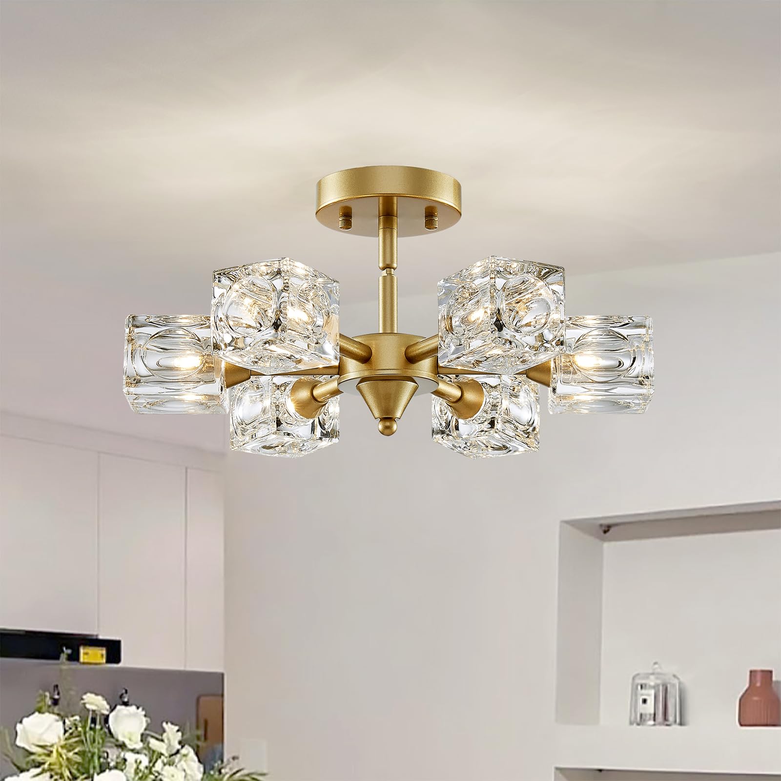 Xingqi Gold Glass Chandellier Semi Flush Mount Ceiling Light Fixture Modern 6 Lights Small Sputnik Chandelier, Antique Chandelie