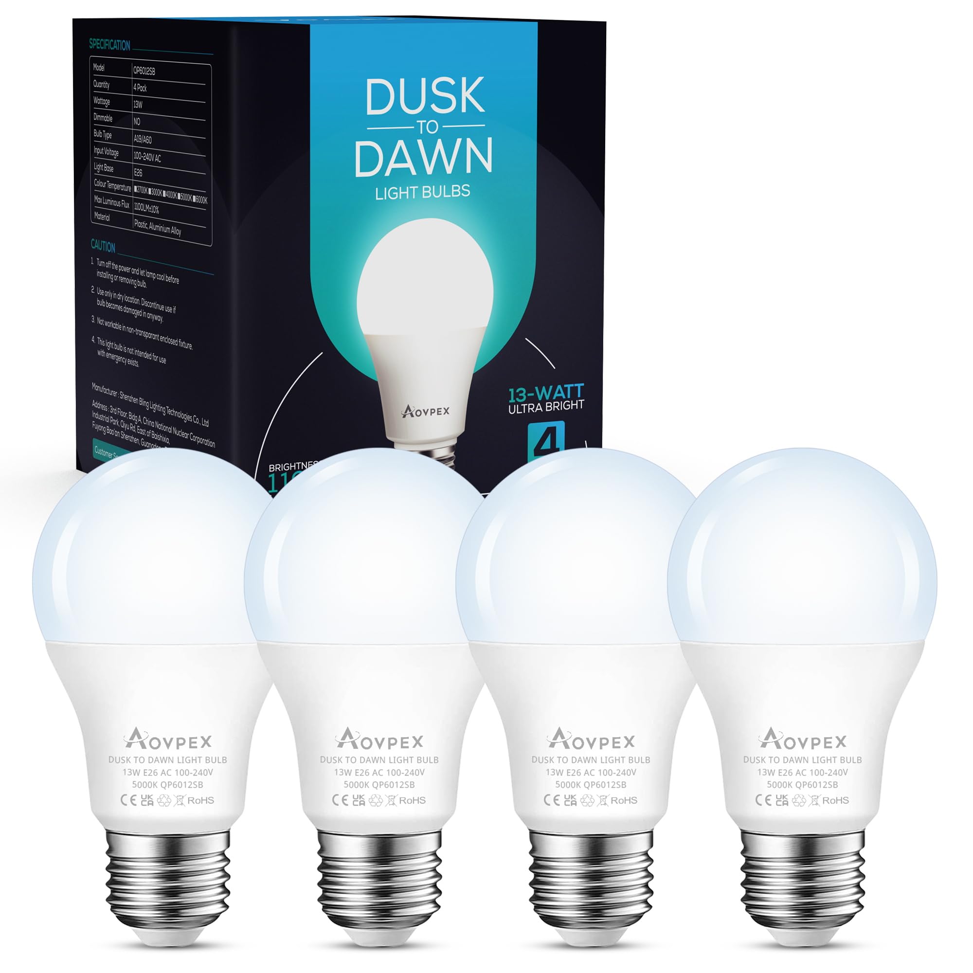 Aovpex 13W Dusk To Dawn Led Light Bulbs, 100W Equivalent, 5000K Daylight, 