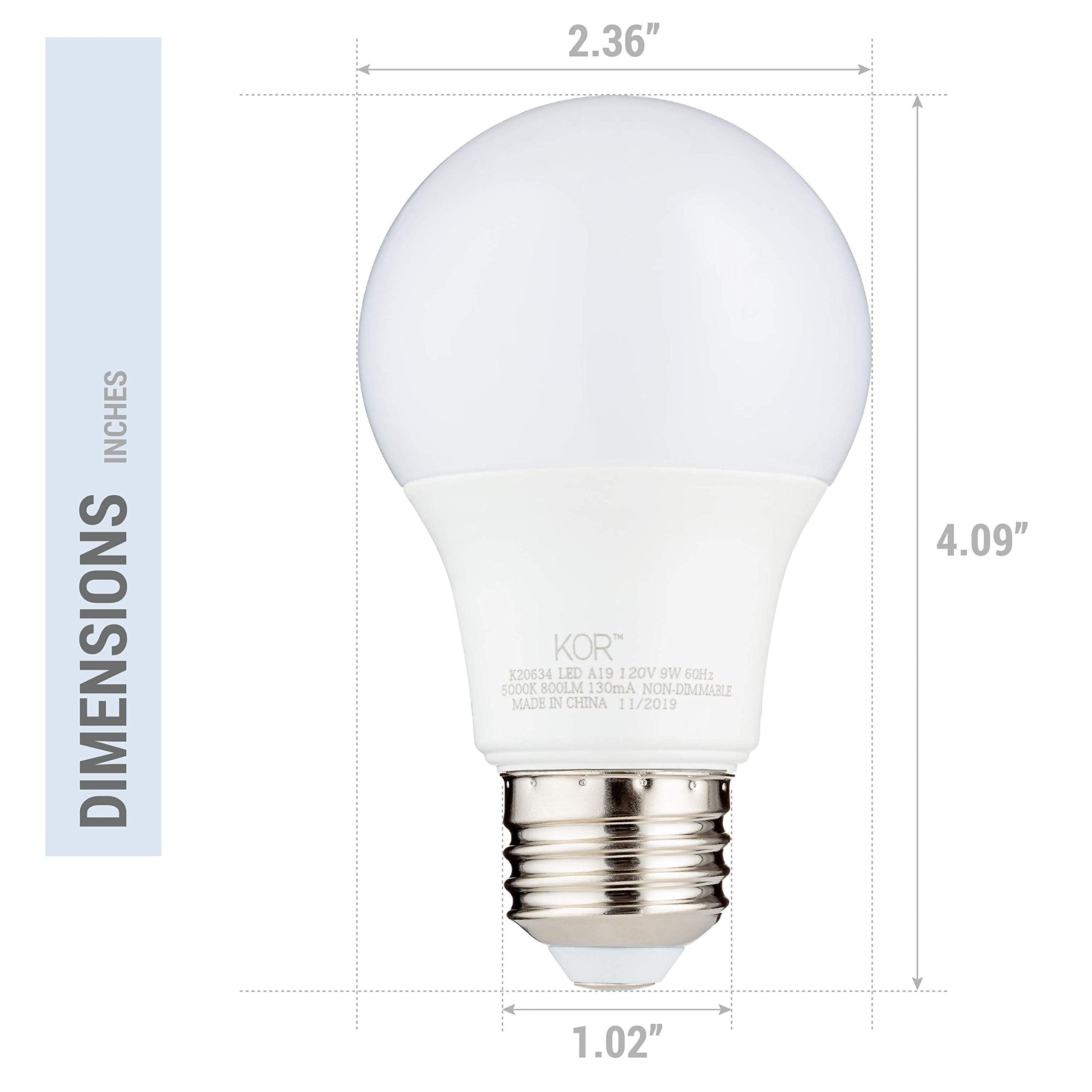 (6 Pack) Kor 9W Led A19 Light Bulb - (60W Equivalent), Ul Listed, 5000K (Bright White - Daylight), 750 Lumens, Non-Dimmable, Led