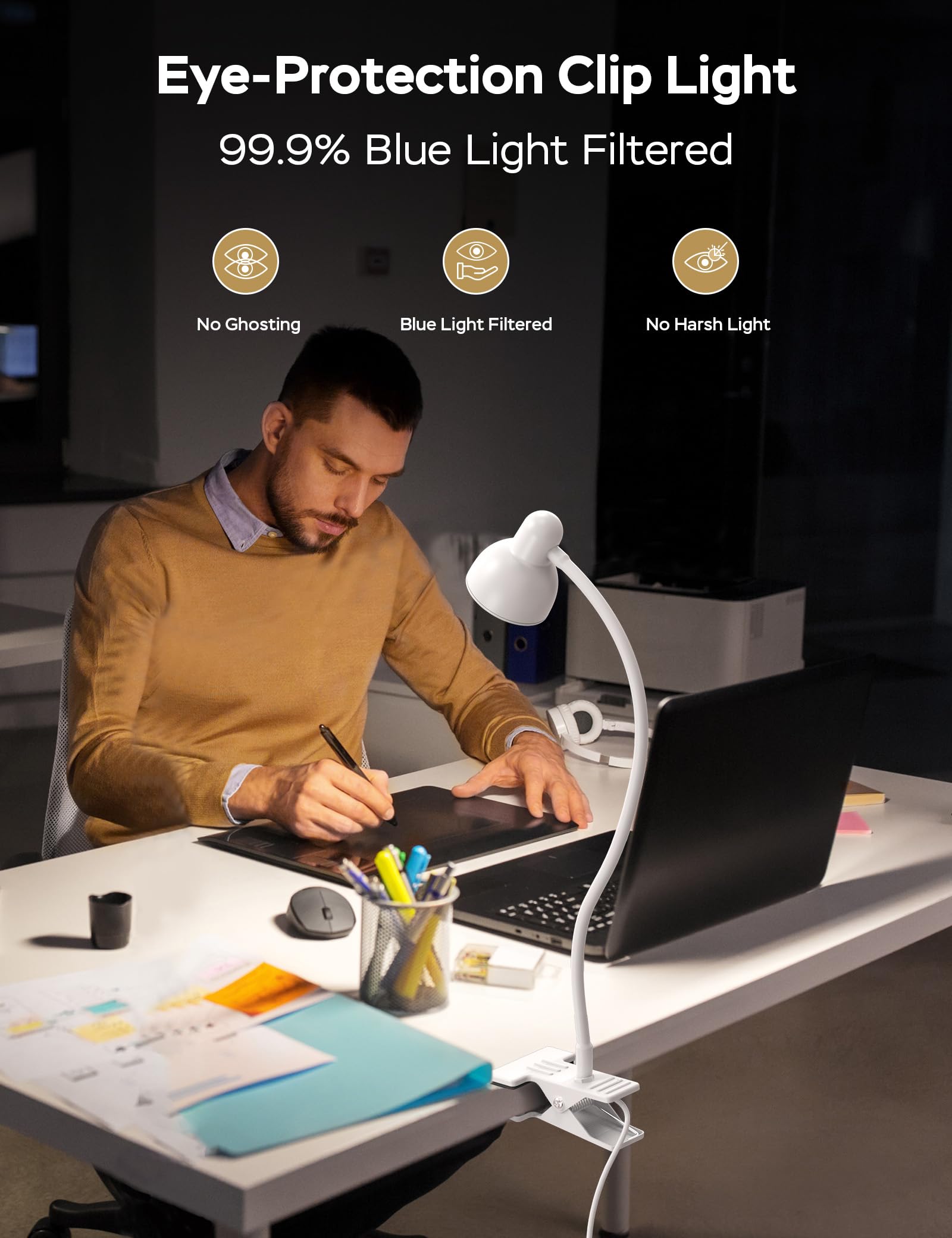 LiFMIRA Clip-on LED Desk Lamp, 3 Color Modes, 10 Brightness Levels, 360° Gooseneck, USB, Eye Protection, White, 4W