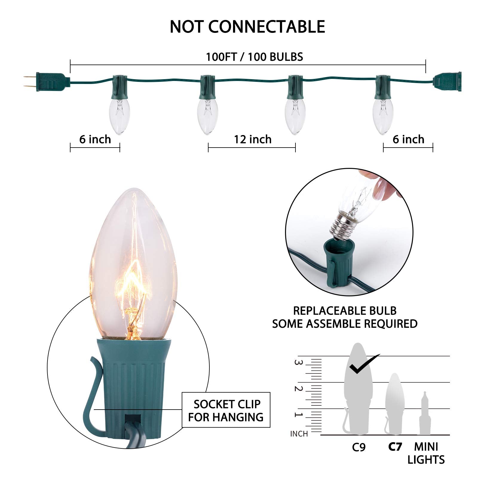 Minetom C9 Clear Christmas String Light Set, 100FT, Green Wire, Polycarbonate, Model GYC-O1007BU