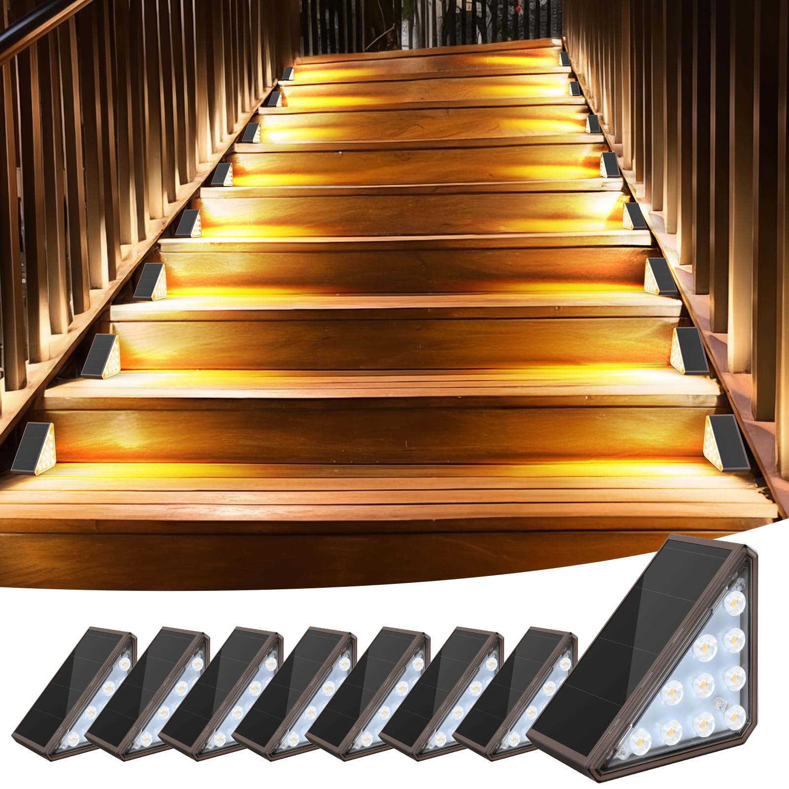AUDLES 8 Pack Solar Stair Lights  Outdoor Step Lights with Waterproof IP67  Warm White LED Solar Light for Outside Light Decor for Stair  Deck  Front Step  Front Porch  Patio and Backyard