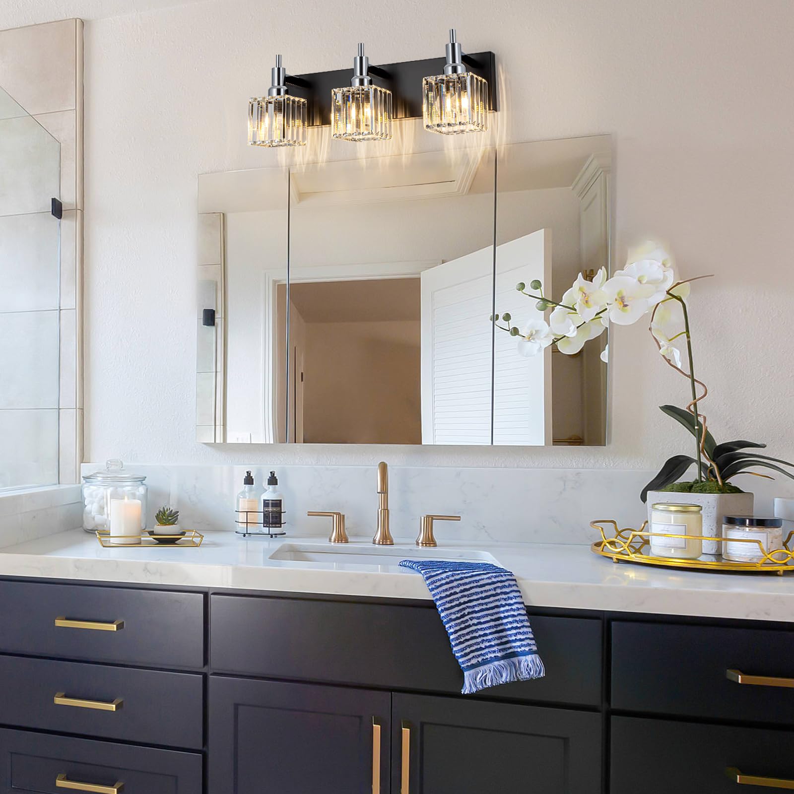 HUOKU Bathroom Vanity Light, Modern 3-Light Fixture, Black Chrome with Crystal Square Shade