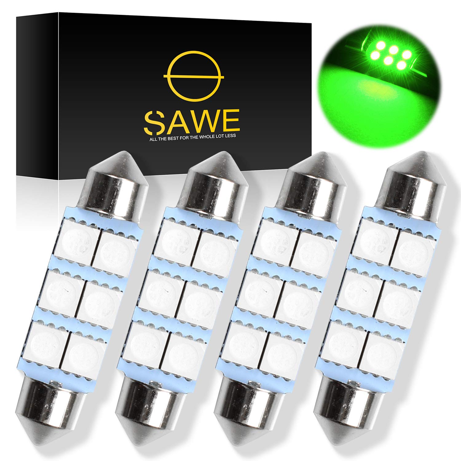 SAWE 6-SMD 5050 Festoon LED Bulbs for Dome Map Light, Pack of 4, 42mm, Green, Model 8542094786
