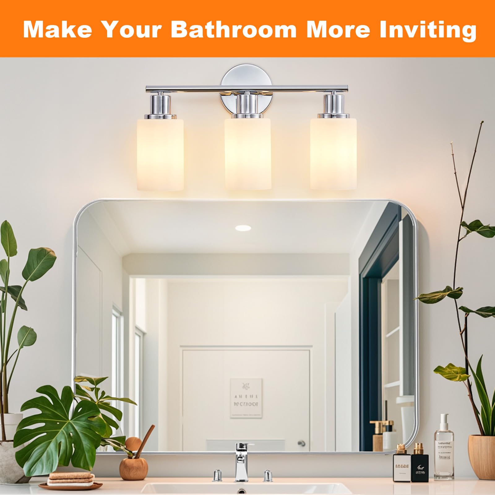 DINGLILIGHTING 3-Light Bathroom Light Fixtures Chrome Modern Vanity Lights Milky White Glass Shade