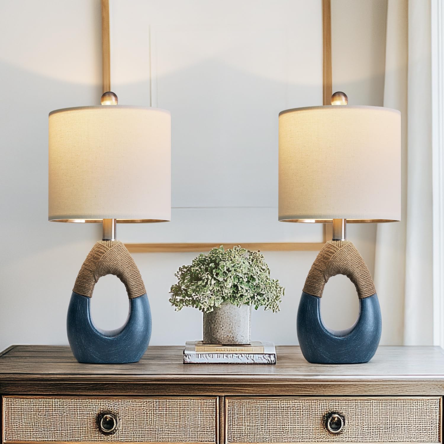 OYEARS 19'' Boho Bedside Lamps Set of 2, Suitable for Small Spaces, Blue Table Lamps for Living Room & Coastal Farmhouse End Tab