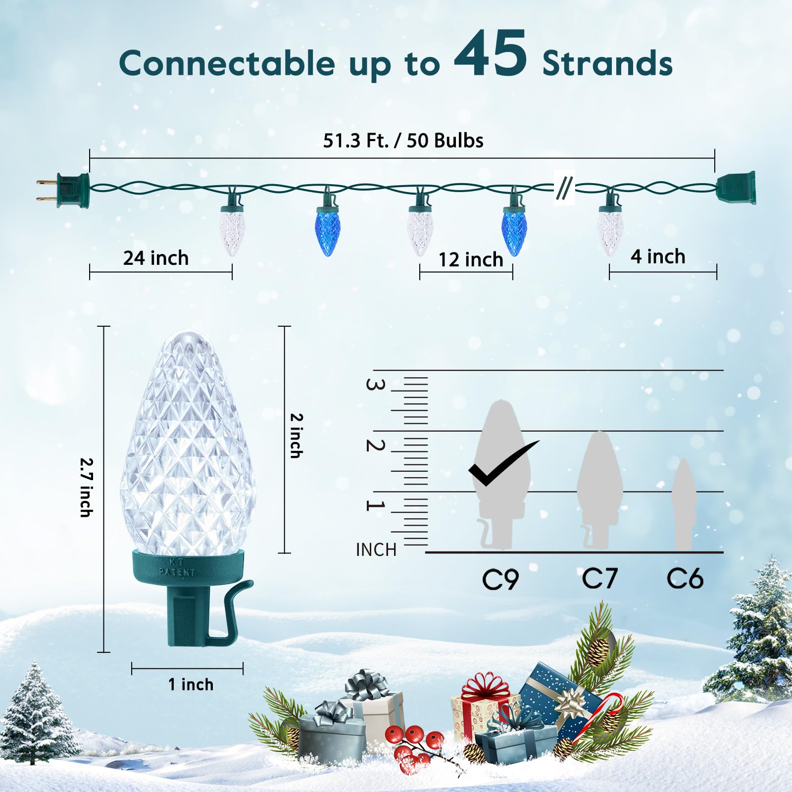 Moonflor C9 LED String Lights, 50ft Waterproof, 50 LEDs, Blue & Pure White, Commercial Grade, Model 5-50/1F/C-033