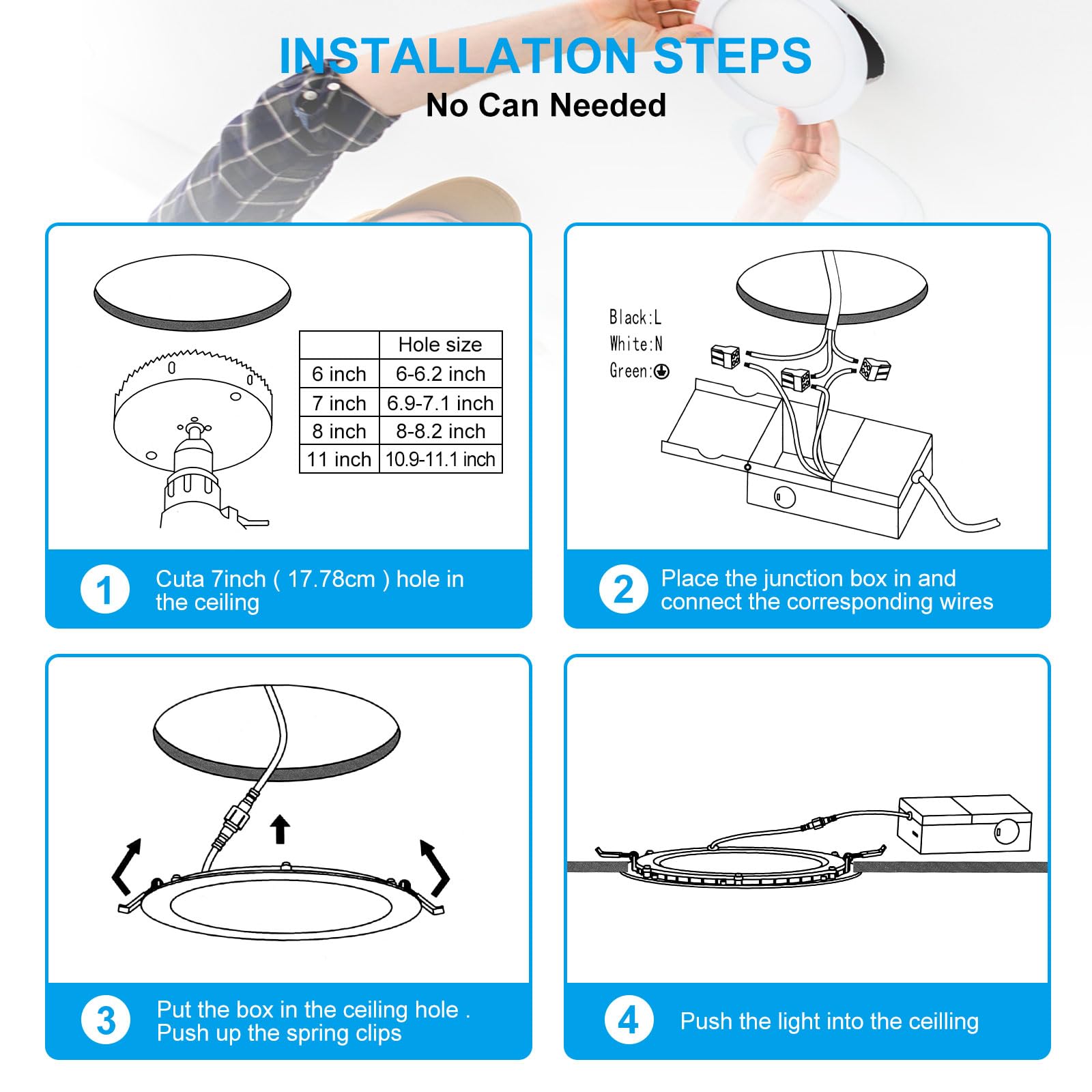 Elaruslux 7" Ultra-Thin LED Recessed Light, 3CCT Dimmable, 18W, 1600LM, Junction Box Included