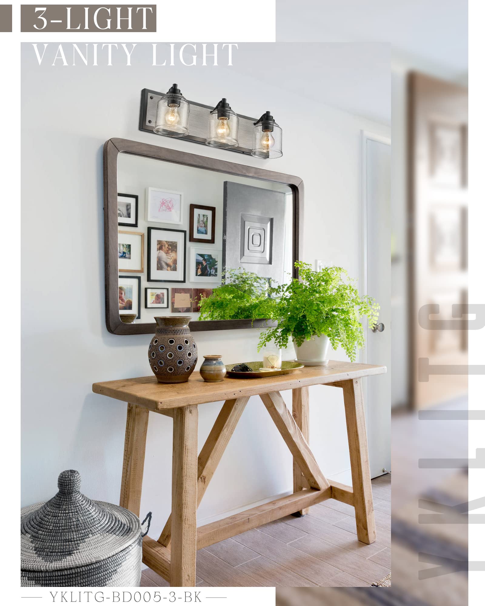 23" Large Farmhouse Bathroom Vanity Light,Handmade Grey Wood Vanity Light With Bubble Glass Shades,3-Light Rustic Wall Sconce Lighting Fixtures Over Mirror, Bd005-3-Bk